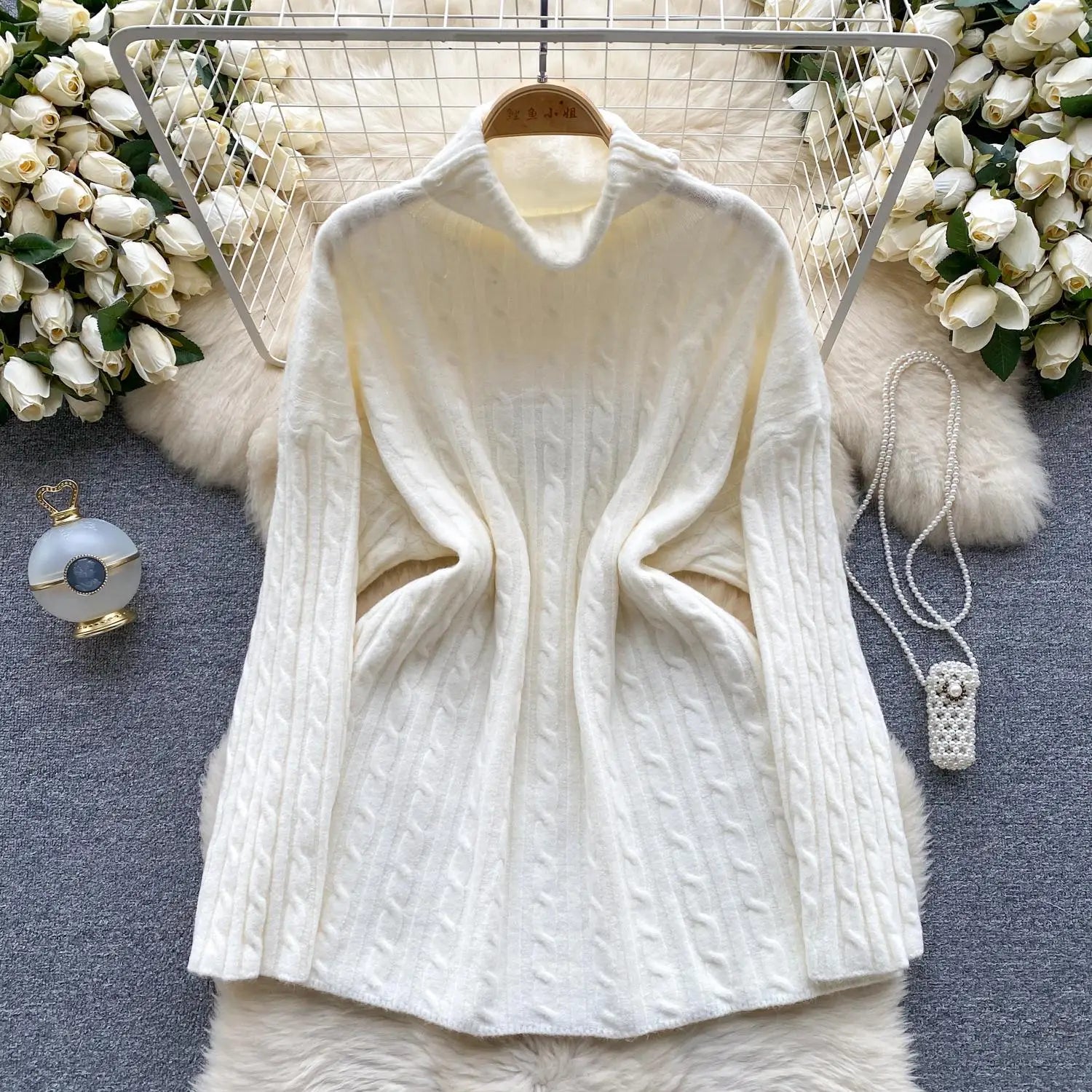 Women's Elegant High Neck Knit Sweater - Warm Winter Pullover with Long Sleeves, Loose Fit Crochet Top for Casual & Office Wear | Cozy Autumn Winter Fashion