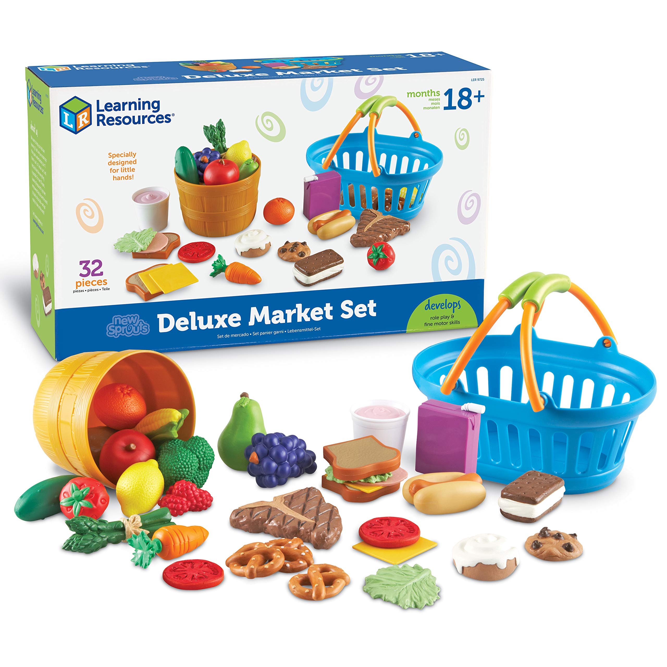 Learning Resources New Sprouts Deluxe Market Set - 32-Piece Pretend Play Food for Toddlers & Preschoolers, Educational Kitchen Play Toys for Kids Ages 18+ Months | Perfect for Role-Playing, Early Learning & Social Development