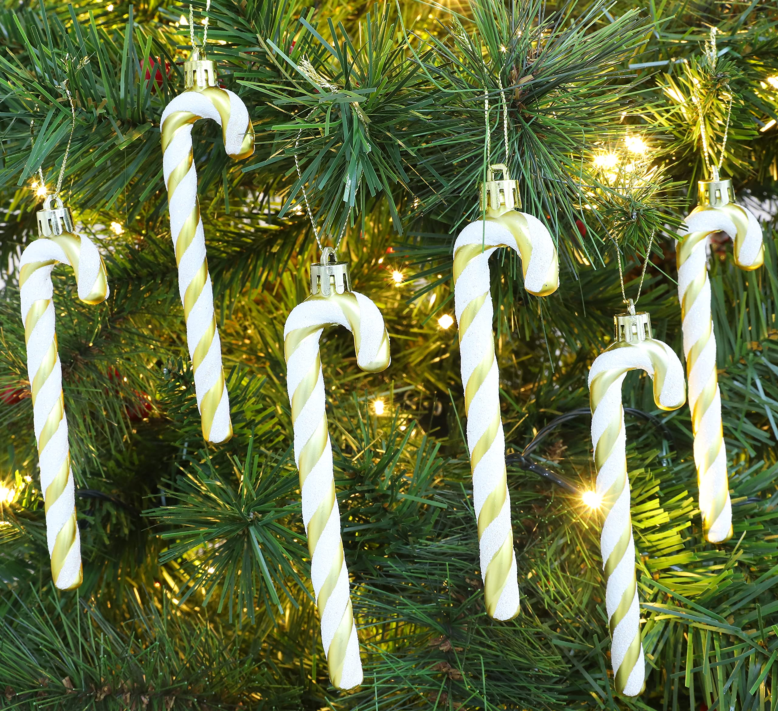Christmas Tree Decorations - Pack of 6 Glitter Candy Cane Ornaments (13cm, Gold & White) for Holiday Home Decor, Xmas Party & Gift Giving