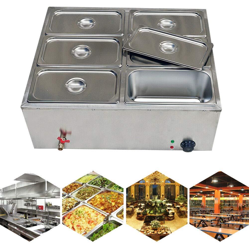 6-Pots Commercial Food Warmer 110V Electric Buffet Hot Plate - Stainless Steel Bain Marie with Lid for Catering, Restaurants & Outdoor Events - Perfect for Buffet Serving, Party Catering and Food Warming Stations