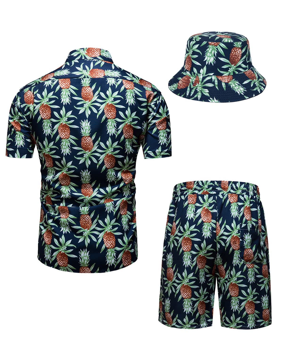 **TUNEVUSE Men's Hawaiian Shirts and Shorts Set - 2 Piece Tropical Beach Outfit with Floral Print & Bucket Hat for Summer Vacation, Luau Party, and Casual Wear**