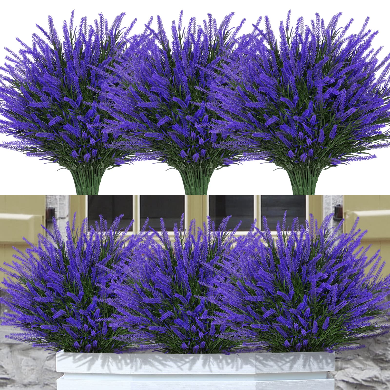12 Bundles Artificial Lavender Flowers UV Resistant Fake Outdoor Plants - Faux Plastic Shrubs for Window Box, Garden, Porch Decor - Purple Home Decoration (Perfect for Patio, Wedding, and Indoor/Outdoor Decor)