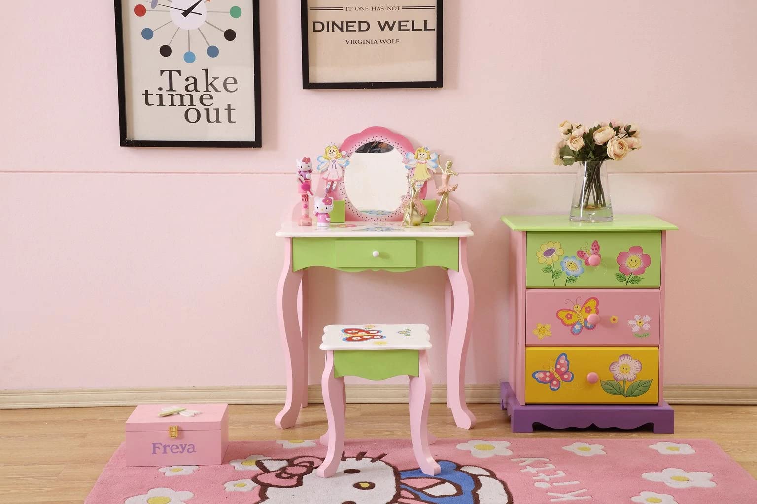 Layla Girls Flower Vanity Set with Stool - Kids Makeup Dressing Table with Mirror & Storage - Perfect for Pretend Play, Birthday Gifts & Bedroom Decor