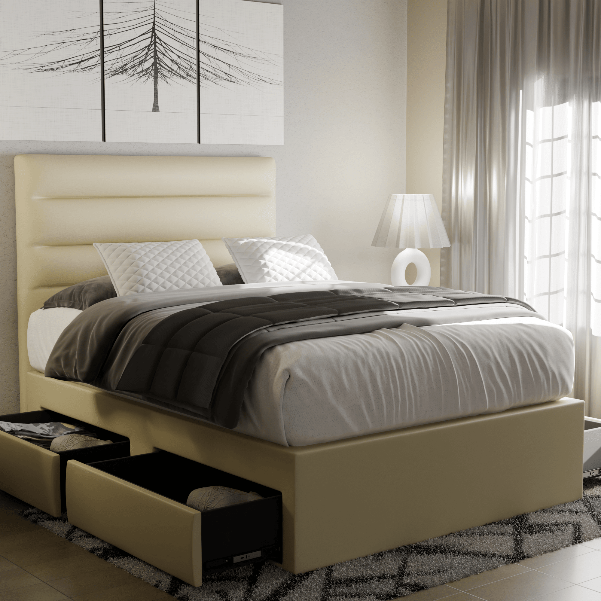 Keenan Faux Leather Drawer Storage Bed - Queen Size Platform Bed with Underbed Storage Drawers for Small Spaces | Perfect for Apartments, Dorms & Guest Rooms