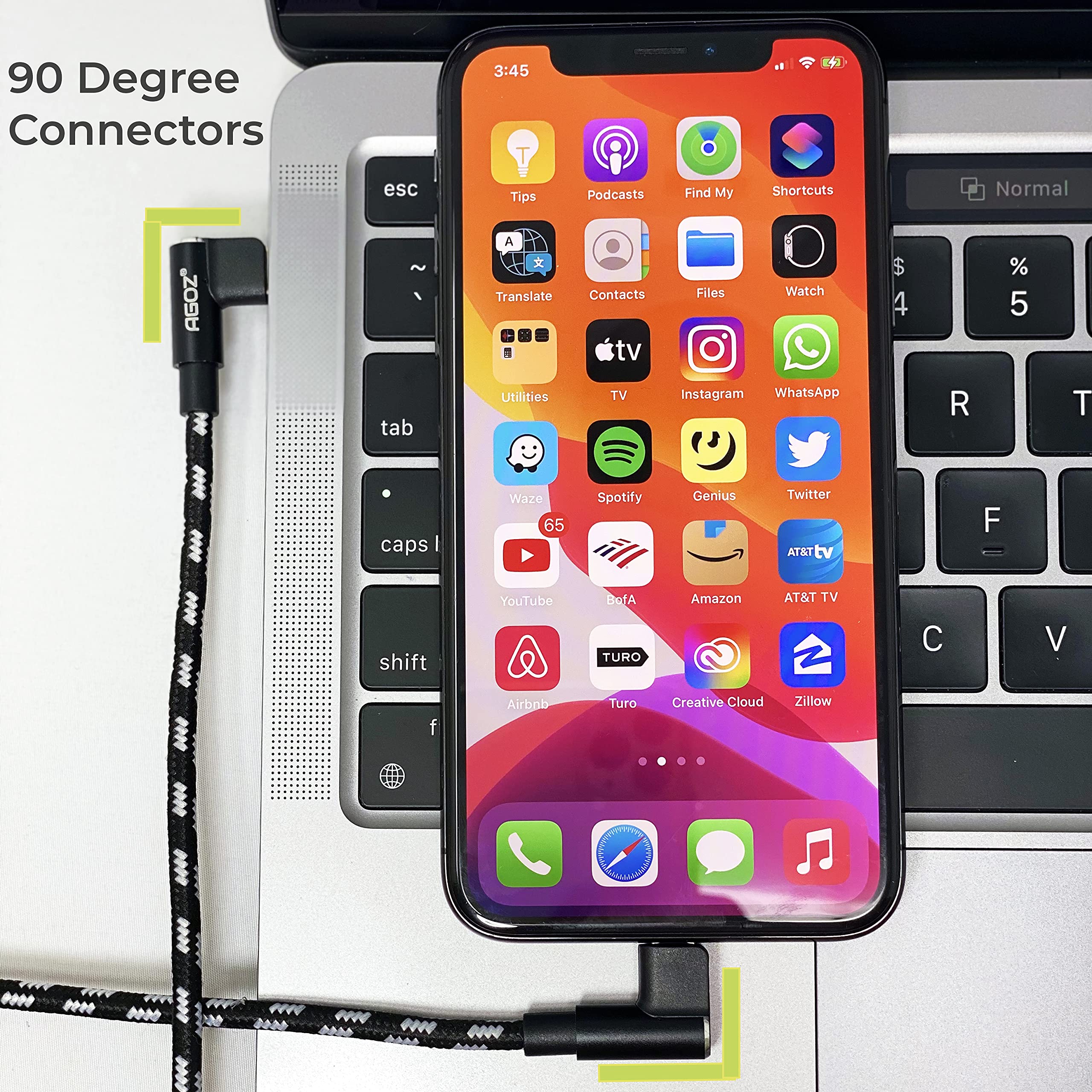 Agoz 10FT Apple MFI Certified Lightning to USB C Cable - 90° Right Angle Fast Charging Cord for iPhone 14/13/12 Pro Max/SE/11/XS MAX/XR/X/8/7/6/5 - Durable Charger for Home, Office & Travel