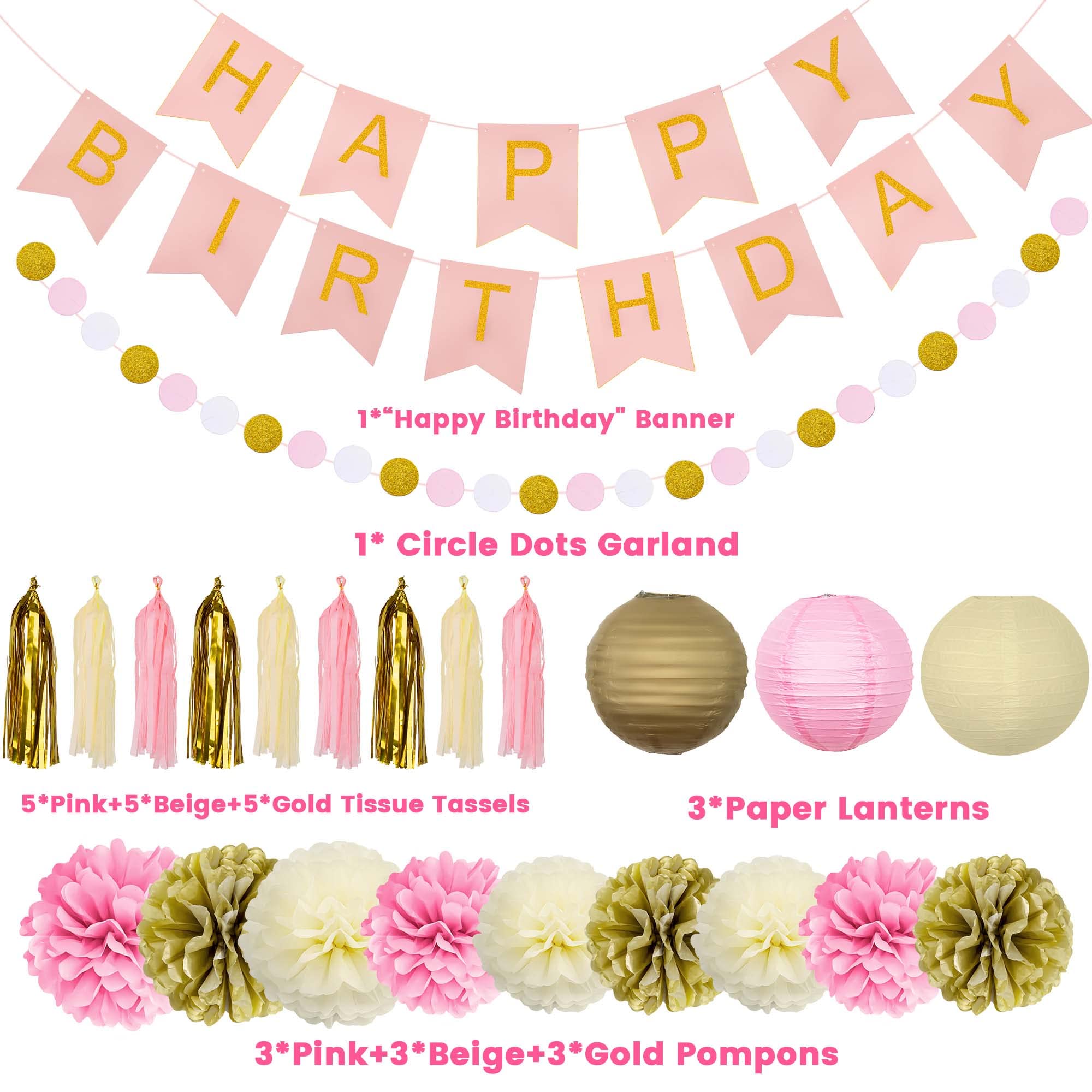 Meowtastic Pink & Gold Birthday Party Decorations Kit - Happy Birthday Banner, Tissue Pom Poms, Tassel Garland, Paper Lanterns & Circle Dot Garland - Perfect for Women & Girls Birthday Celebrations, Baby Showers & Bridal Showers