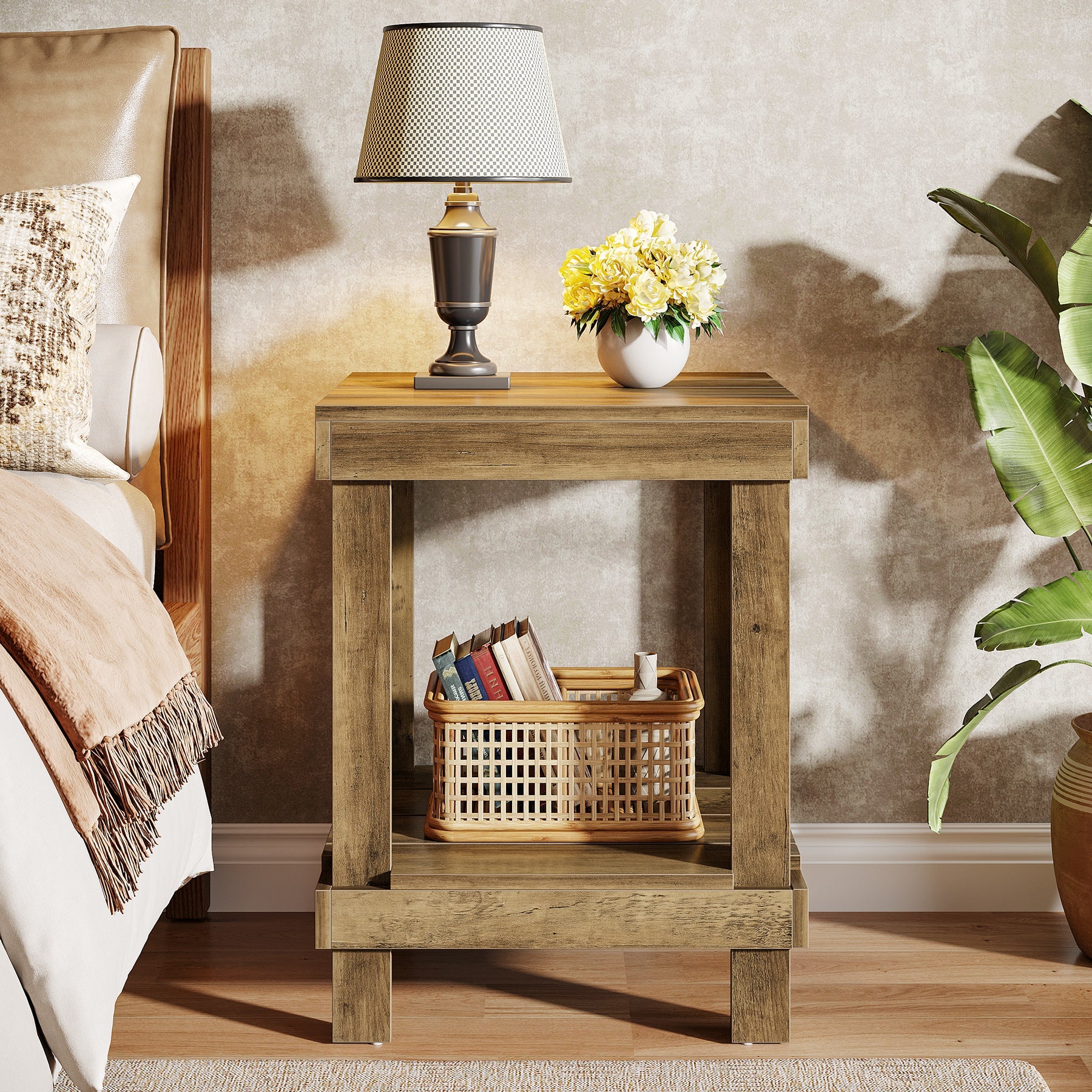 2 Tier Square End Table with 2 Storage Shelves - Modern Nightstand, Side Table for Living Room, Bedroom & Office - Perfect for Small Spaces & Home Organization