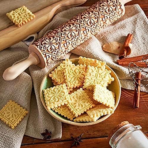 Engraved Wooden Rolling Pin for Baking - Christmas Cookie Stamps with Square Grid & Flower Window Design - Perfect for Embossed Cookies, Holiday Baking & Kitchen Decor