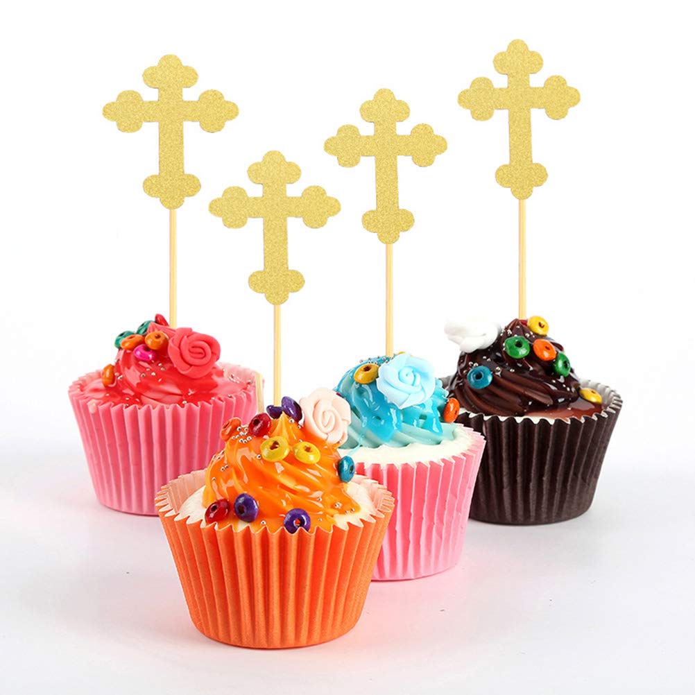 24pcs Reusable Wooden Cross Cupcake Toppers - Glitter Paper Cake Decorations for Birthday, Wedding & DIY Party Dessert Decorating - Perfect for Cupcakes, Cakes & Dessert Displays