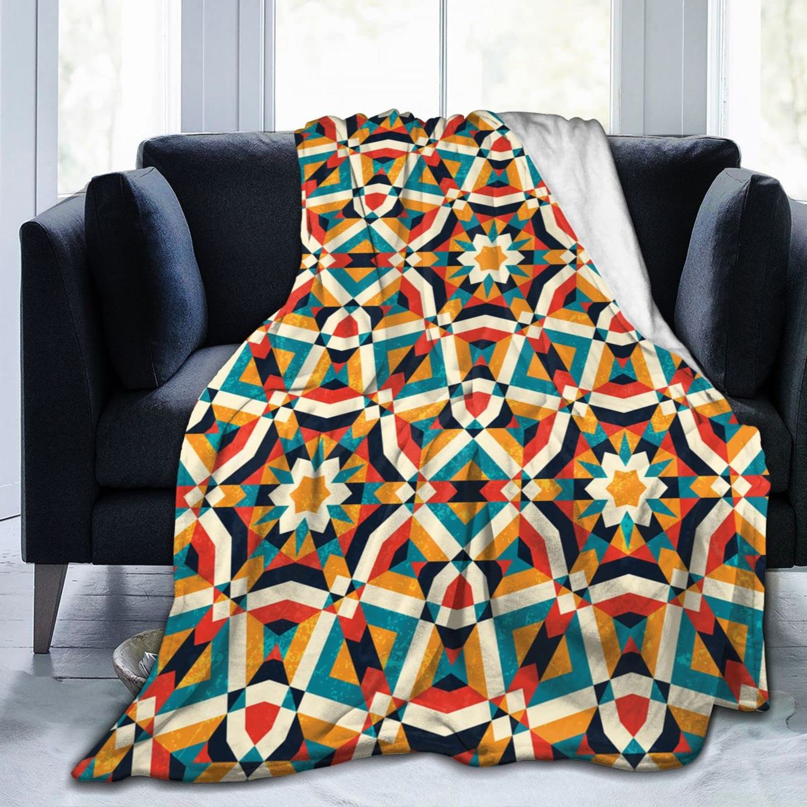 Geometric Memphis Style Flannel Fleece Throw Blanket - Soft & Warm Lightweight Blanket for Bed, Couch, Living Room, Office - 80