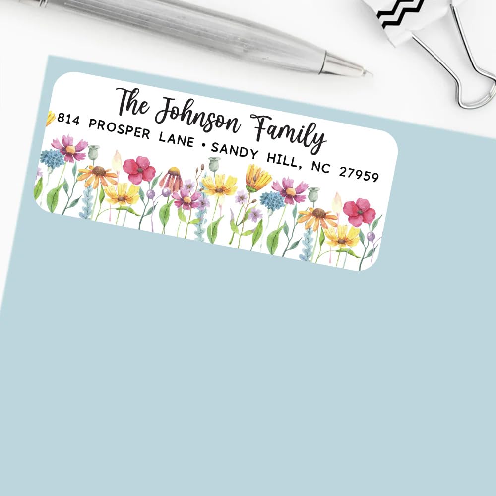 Custom Wildflower Address Labels - 60 Personalized Floral Mailing Stickers for Envelopes & Packages | Self-Adhesive Rectangle Name Stickers for Spring & Summer | Perfect for Wedding Invitations, Greeting Cards & Business Correspondence