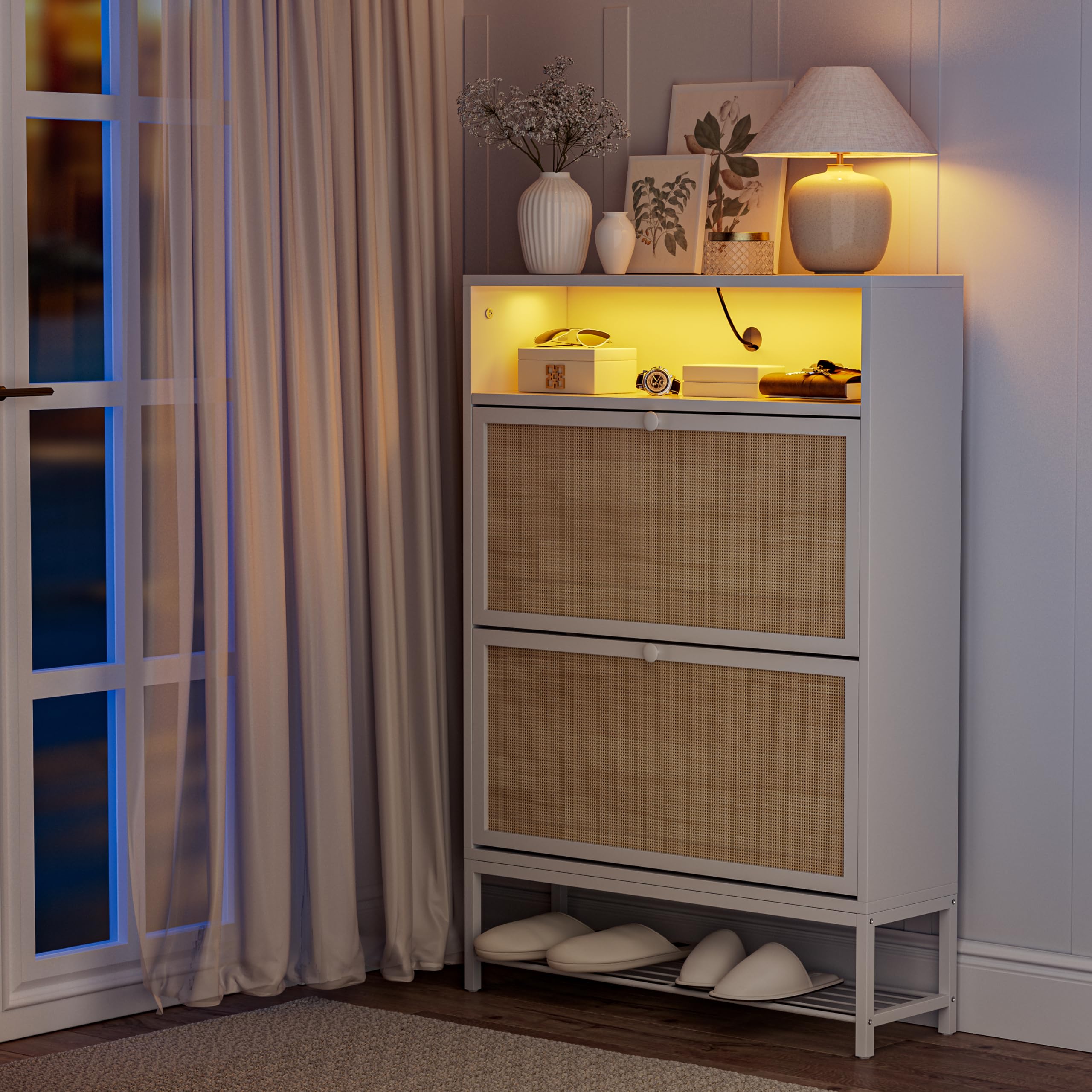 IKIFLY White Rattan Shoe Cabinet with LED Light - 2 Flip Drawers & Open Shelves Narrow Shoe Storage Organizer with Metal Legs for Entryway, Living Room, Apartment - Perfect for Small Spaces & Home Decor