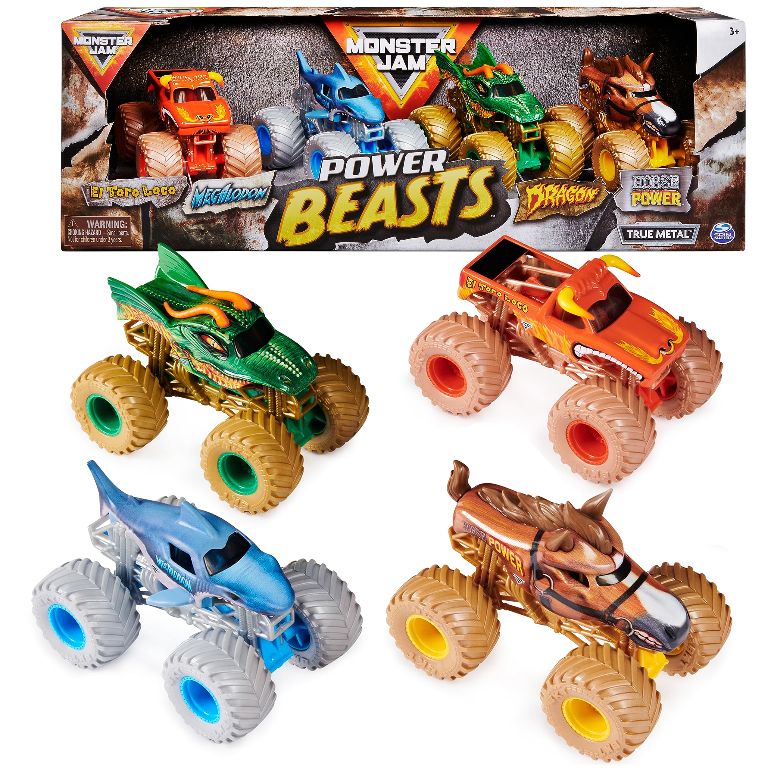 Monster Jam Power Beasts 4-Pack 1:64 Scale Die-Cast Monster Trucks (El Toro Loco, Megalodon, Dragon & Horse Power) - Durable Toy Cars for Boys & Girls Ages 3+ - Perfect for Playtime, Collecting & Racing Battles