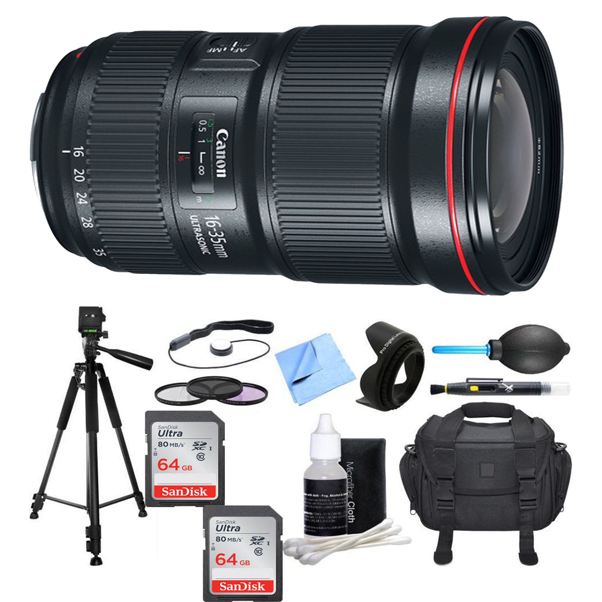 Canon EF 16-35mm f/2.8L III USM Wide Angle Zoom Lens with 2x SanDisk 64GB Extreme PRO Memory Cards, Protective Case & Tripod - Perfect for Landscape, Wedding & Travel Photography