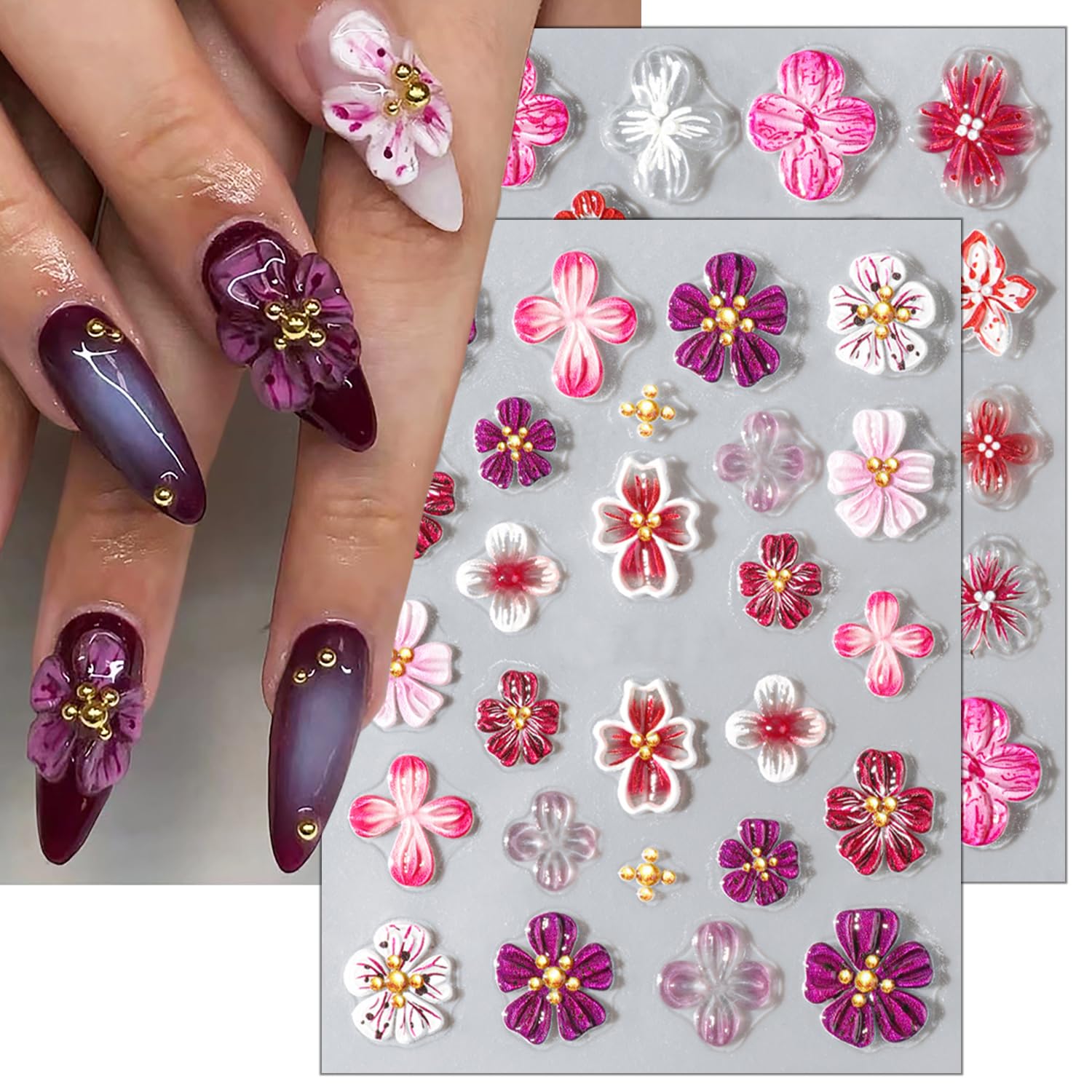5D Embossed Hibiscus Flower Nail Art Stickers with Gold Beads - Self-Adhesive Floral Nail Decals for Women & Girls (2 Sheets) - Perfect for Autumn Manicures, Bridal Nails, and Special Occasion Nail Art
