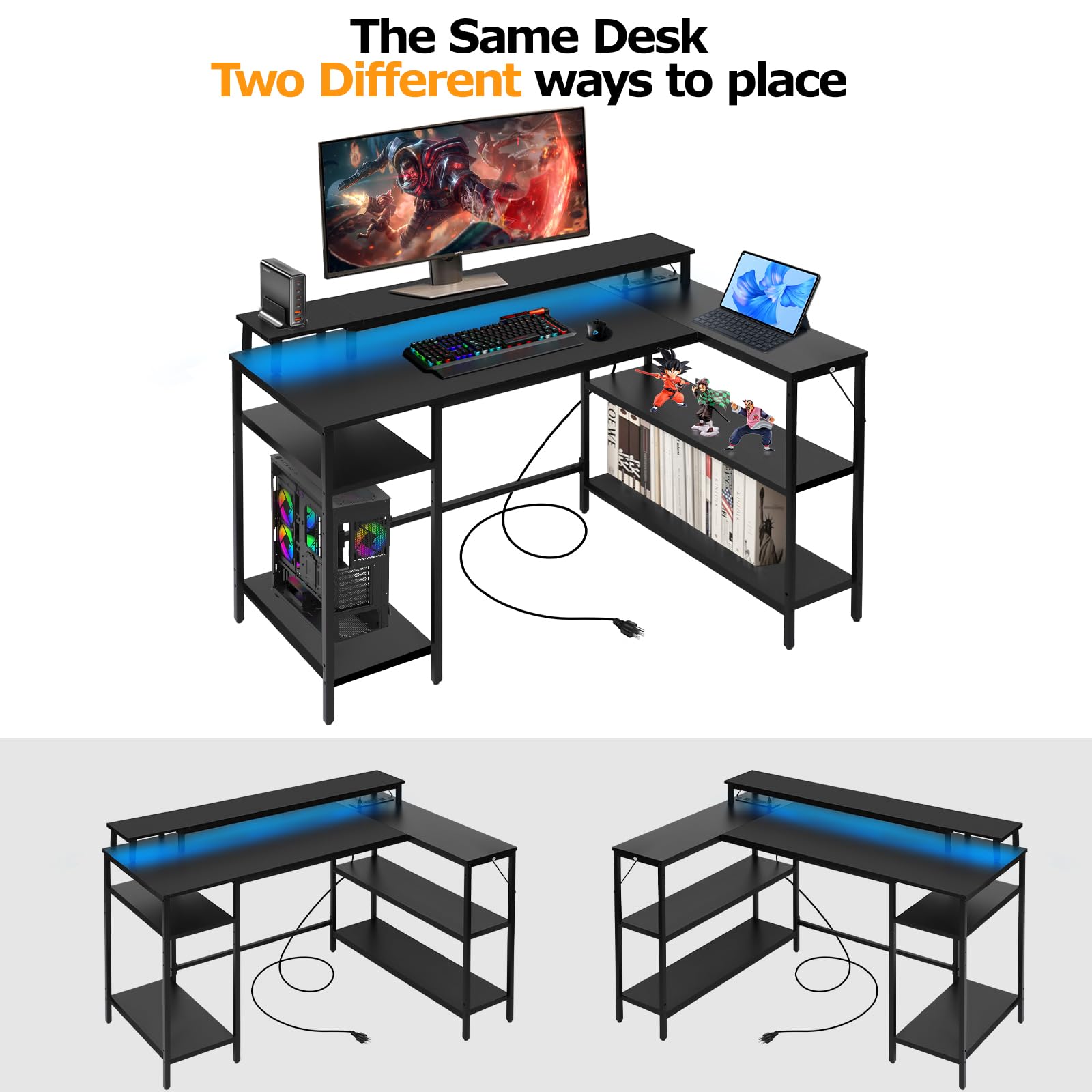 L-Shaped Computer Desk with LED Lights & Power Outlet - Reversible Corner Office Desk with Monitor Stand & Shelves - Gaming & Home Office Desk for Bedroom, Study Room & Small Spaces (Black)
