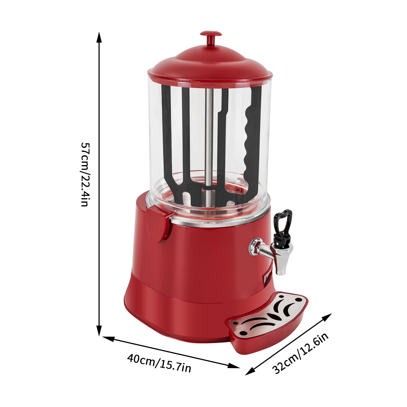 Commercial Hot Chocolate Machine 10L/2.64Gal 400W with Temperature Control (30-90℃/86-194℉) - Stainless Steel & PVC Beverage Warmer for Coffee, Milk Tea, Hot Chocolate - Perfect for Cafes, Restaurants & Events (40x32x57cm/15.7x12.6x22.4in, Red)