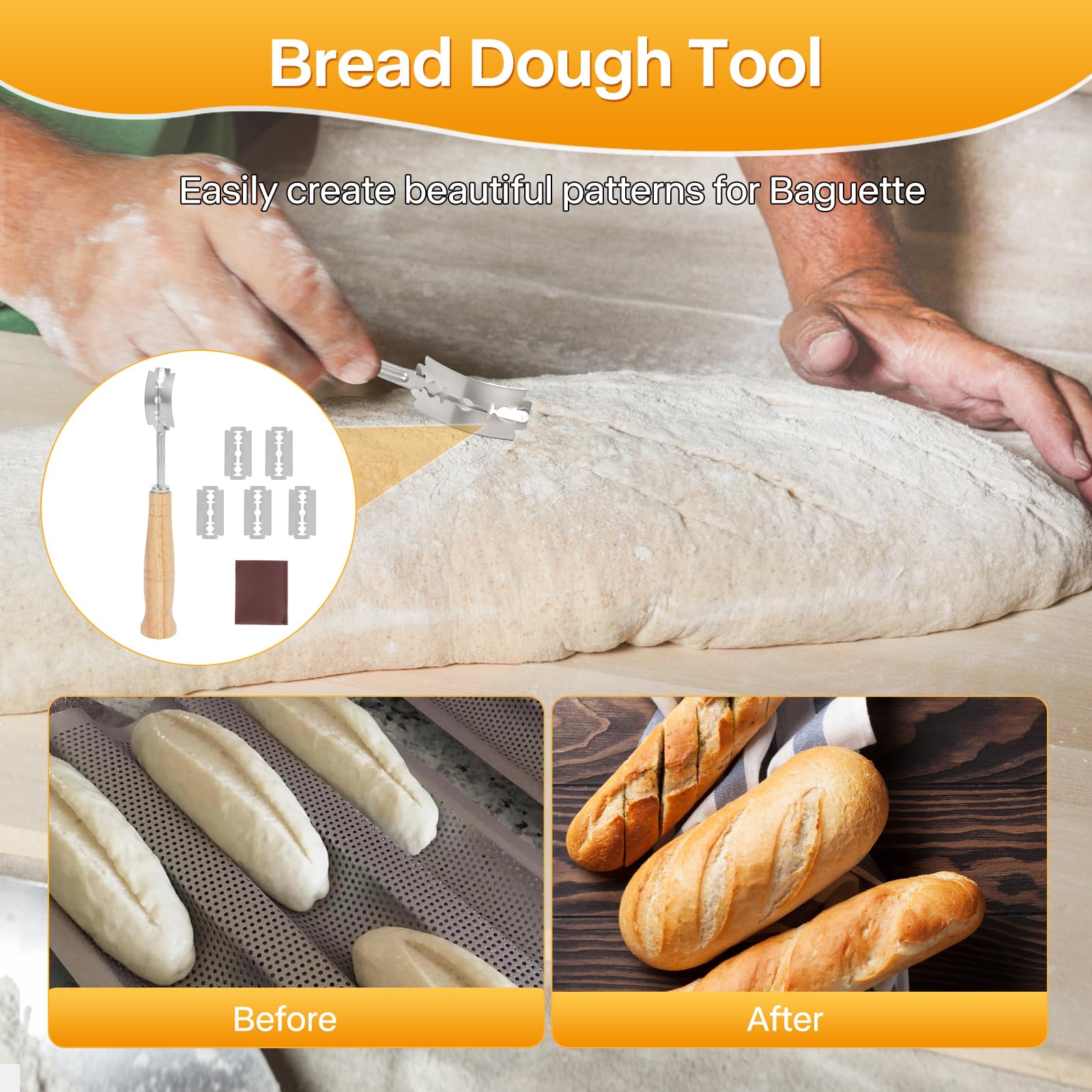 Nonstick Perforated Baguette Bread Pan - 3 Loaf French Bread Baking Tray with Proofing Cloth & Dough Cutter Kit - 15x11 Inch Gold for Home Bakers | Perfect for Artisan Bread, Homemade French Baguettes & Professional Baking