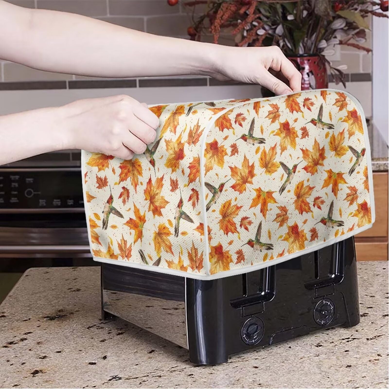 Biyejit 2-Slice Toaster Cover - Dust Proof & Fingerprint Resistant Kitchen Accessory for Bread Maker & Oven Protector - Thanksgiving Maple Hummingbirds Decor - Perfect for Small Kitchens, Breakfast Nooks & Holiday Home Decor