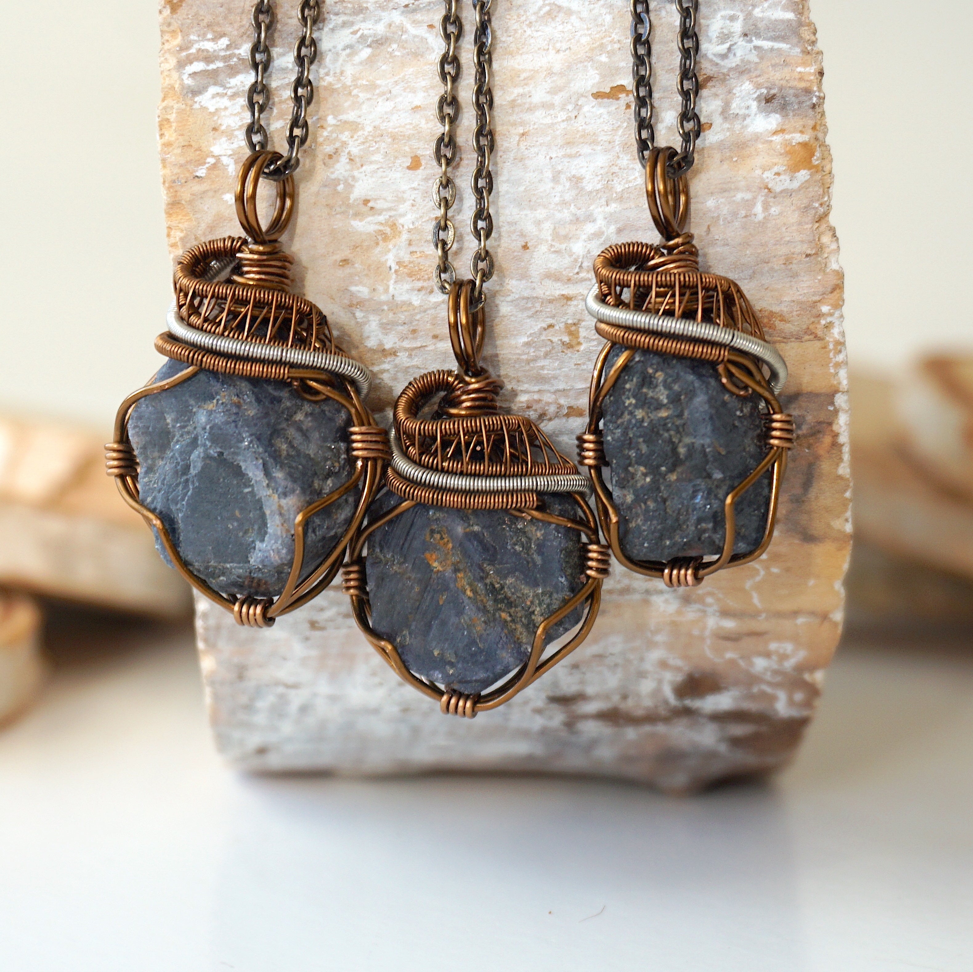Raw Sapphire Necklace - Handcrafted Mixed Wire Antique Bronze Jewelry for Women | Boho Chic Pendant for Everyday Wear & Special Occasions