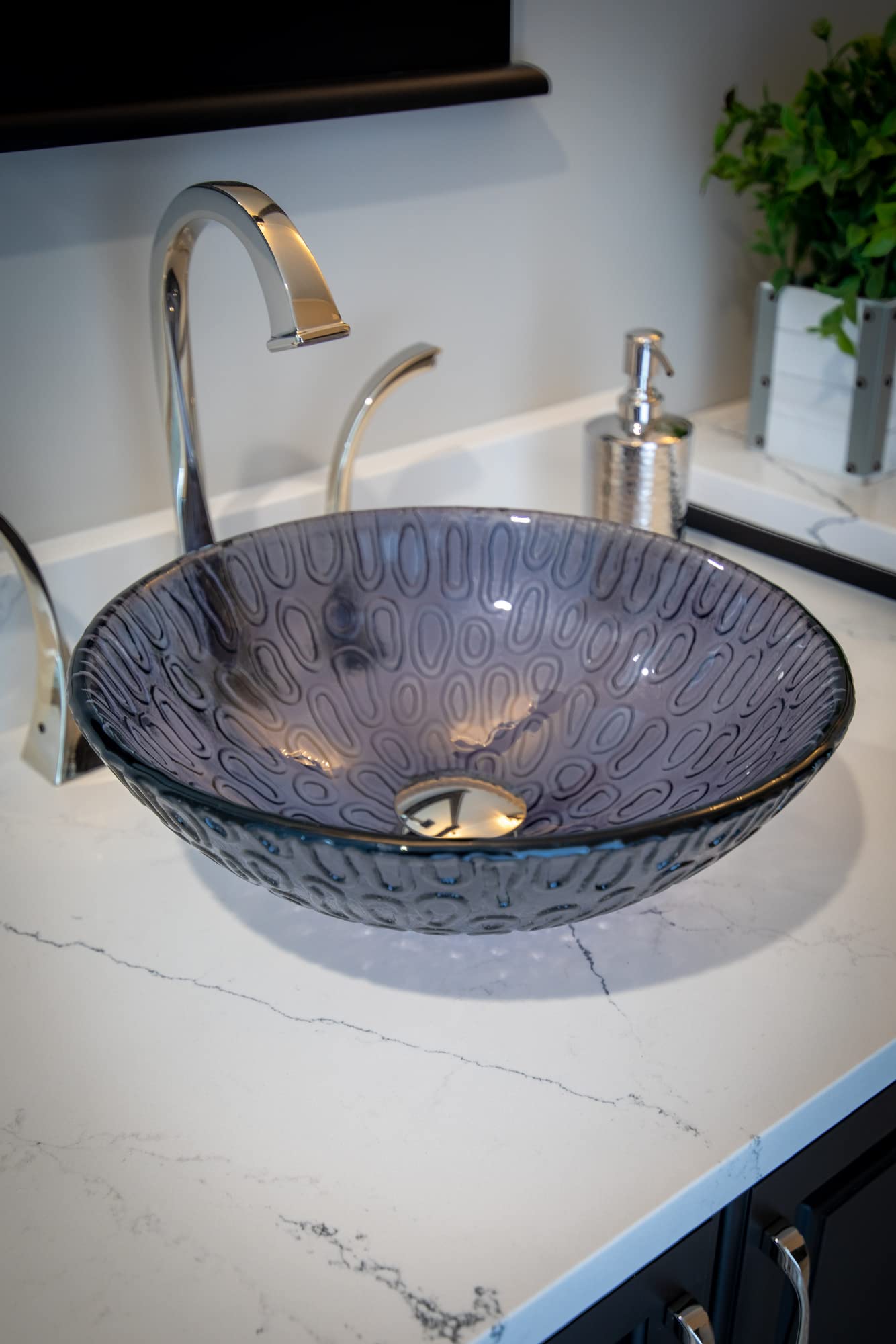 14 Inch Small Charcoal Freeform Hoops Glass Vessel Sink - Modern Bathroom Vanity Sink for Powder Rooms, Guest Baths & Contemporary Home Decor