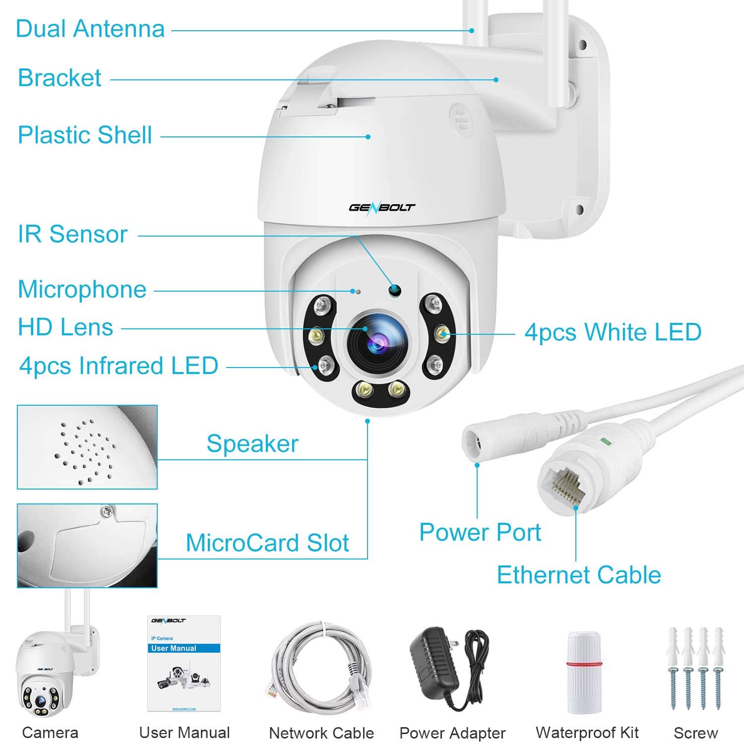 GENBOLT 2.5K Outdoor Security Camera with PoE & Dual WiFi (2.4/5GHz) - Auto Tracking, Human/Vehicle Detection, Pan-Tilt, Siren Alarm - Ideal for Home Surveillance, Business Security & Property Monitoring