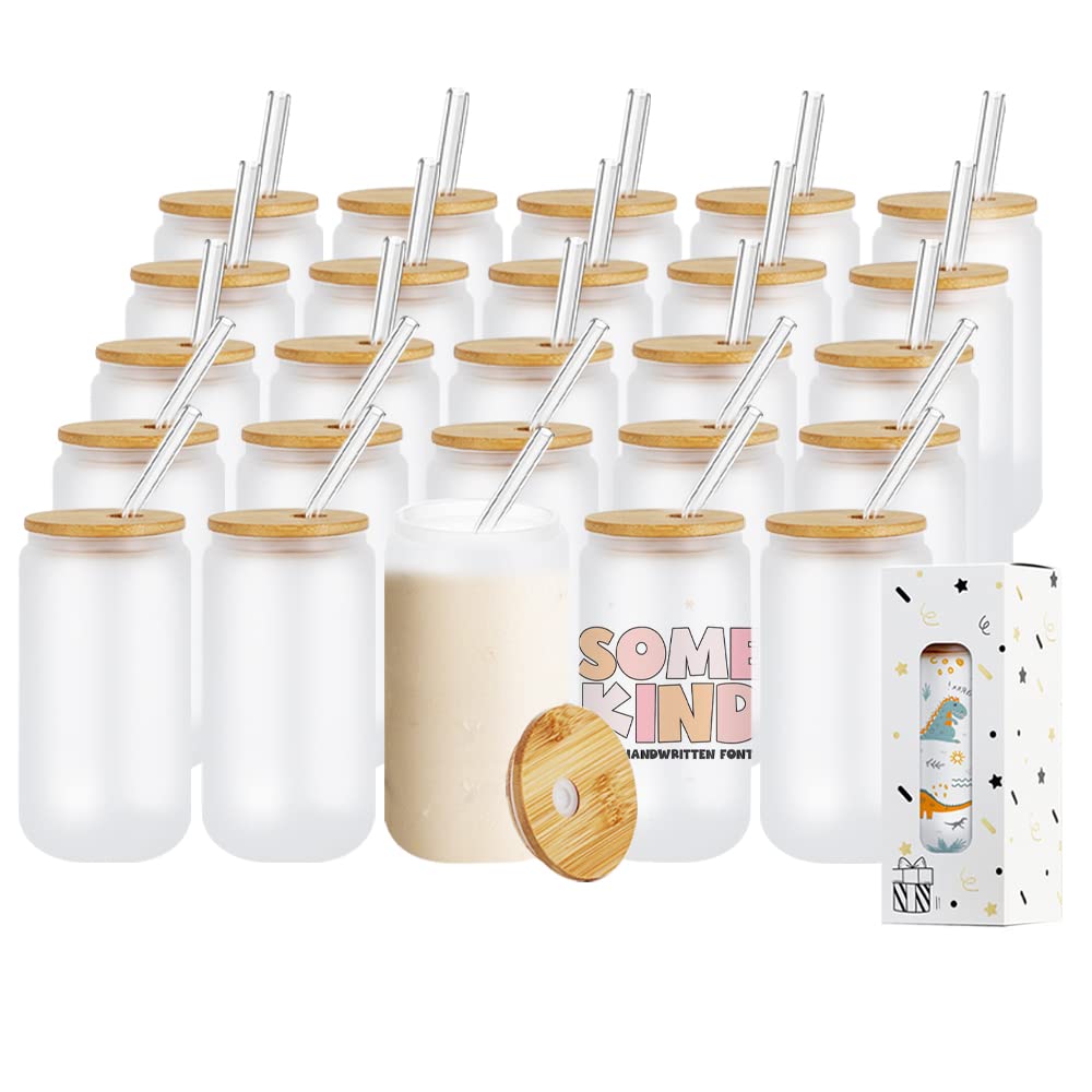 **25 Pack MerryJoy Sublimation Glass Cups with Bamboo Lids - 16oz Frosted Tumblers for Iced Coffee, Juice, Soda & Beer - Reusable Drinkware with Straws for Home, Office & Outdoor Use**