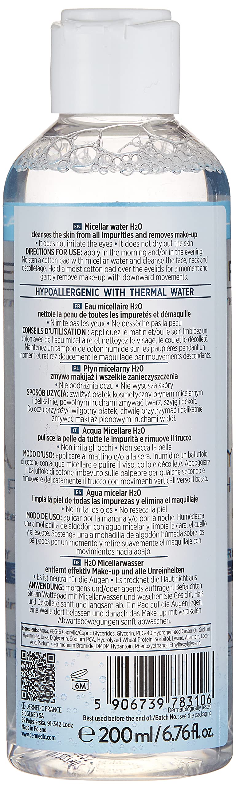 DERMEDIC HYDRAIN3 HIALURO Micellar Cleansing Water 200ml - Hypoallergenic Makeup Remover for Sensitive Skin & Eyes - Fragrance-Free, Soap-Free, Water-Free Formula - Perfect for Gentle Daily Cleansing & Makeup Removal