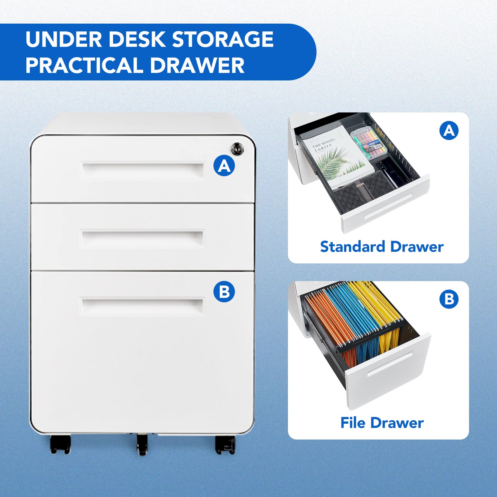 FLEXISPOT 3-Drawer Mobile File Cabinet for Home Office - Under Desk Storage Organizer for Legal/Letter/A4 Files, Round Corner Design, White - Perfect for Small Spaces & Office Organization