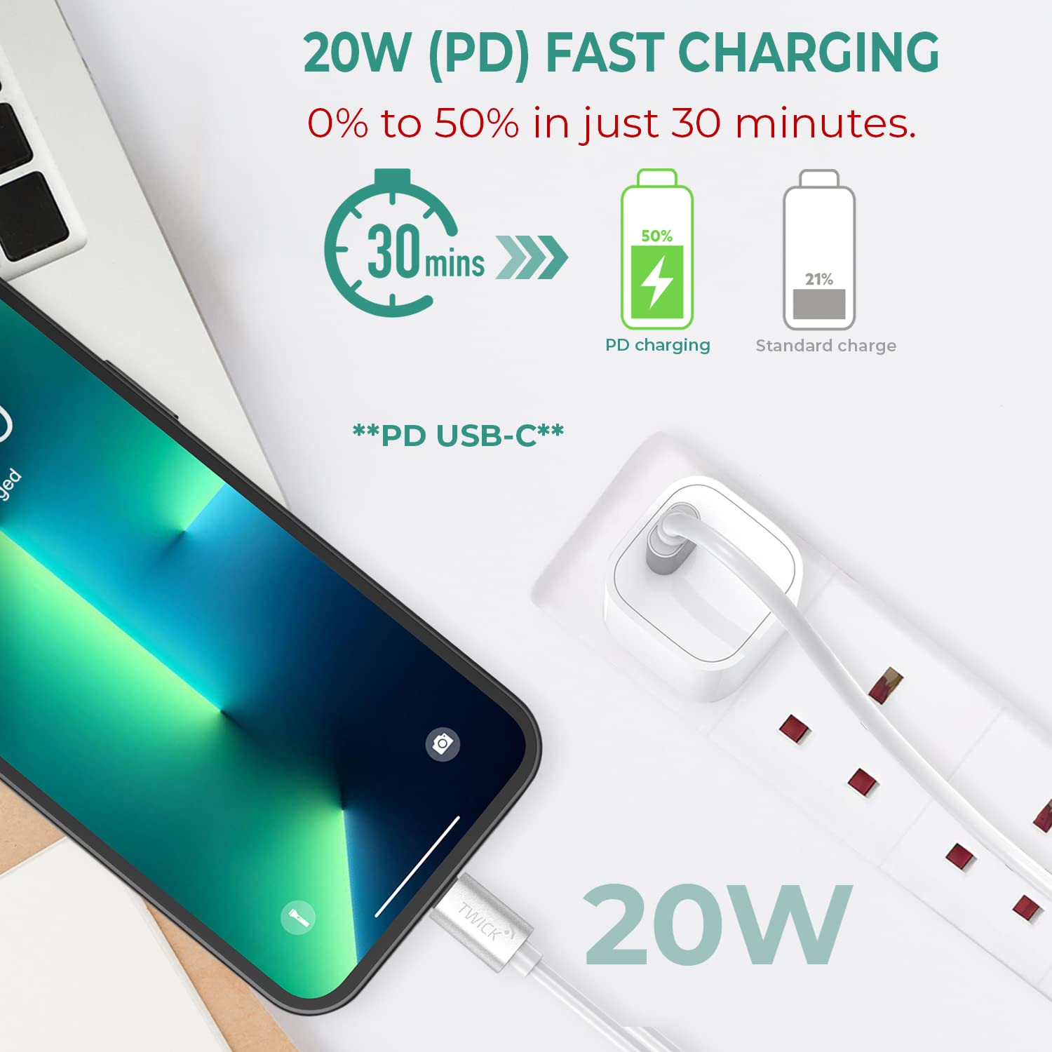 TWICK 20W USB C to Lightning Cable 1M/2M - Fast Charging & Data Sync for iPhone 14/13/12/11 Pro Max/Mini/XR/SE, iPad & MacBook - PD 3.0 Certified (1 Pack) | Perfect for Home, Office & Travel Charging