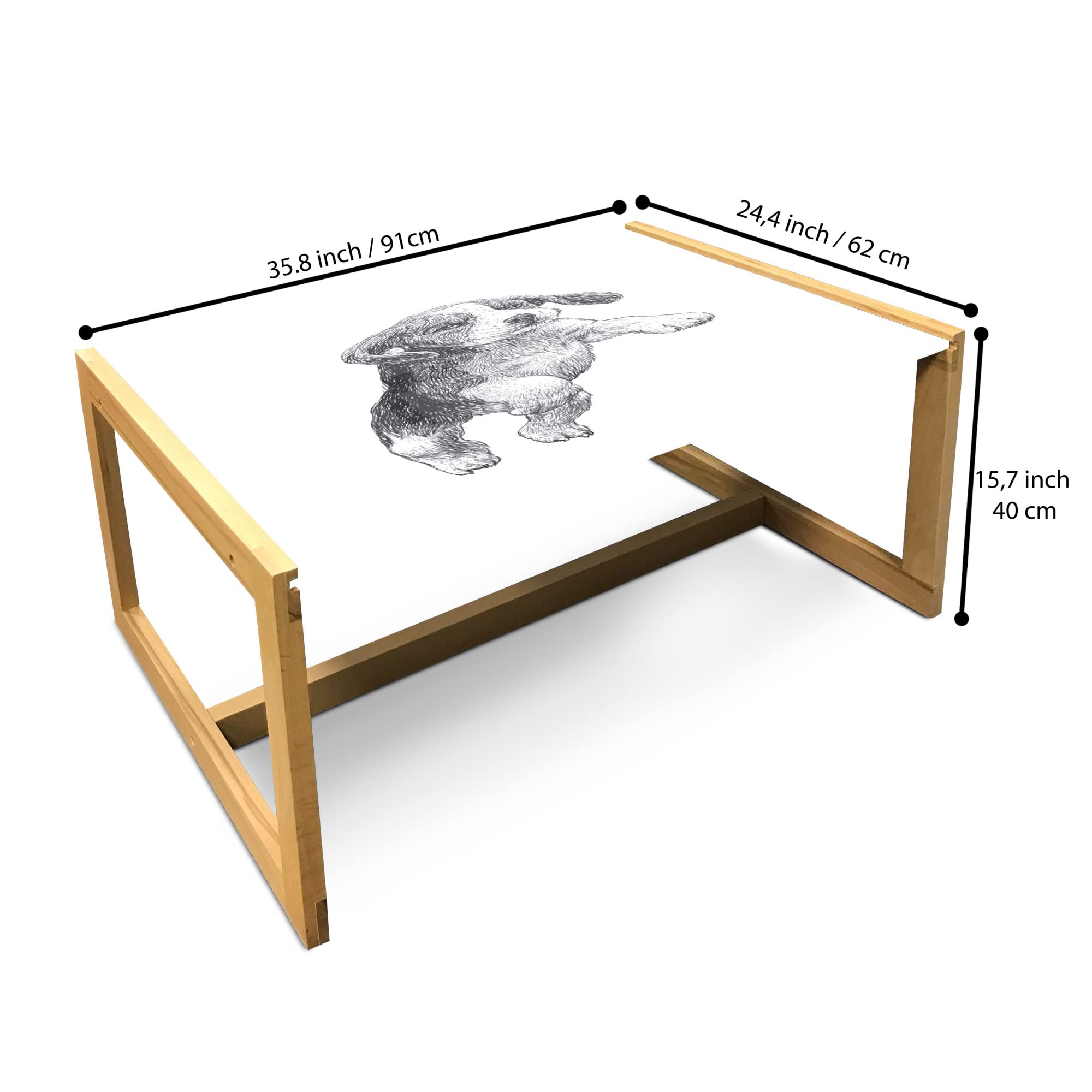 Ambesonne Beagle Coffee Table - Modern Acrylic Glass Center Table with Wooden Frame, Grey and White Pen Drawing of Jumping Beagle Dog - Perfect for Offices, Dorms, Living Rooms & Home Decor