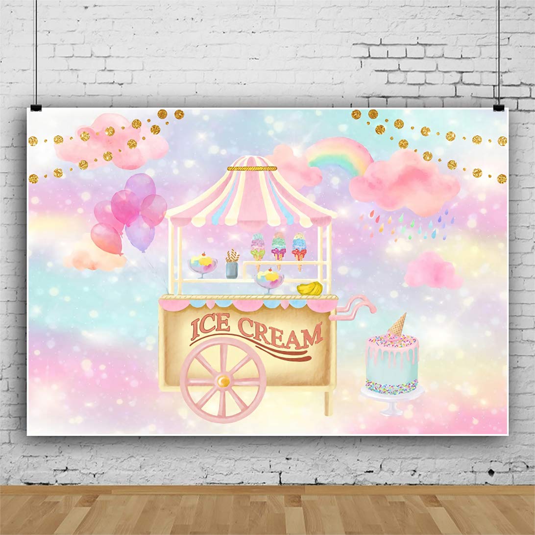 OERJU 7x5ft Dreamy Cartoon Ice Cream Party Backdrop - Purple Balloons & Rainbow Pink Clouds Photography Background for Girls Birthday Party, Cake Table Decor, Vinyl Video Props - Perfect for Children's Celebrations, Baby Showers & Photo Booths