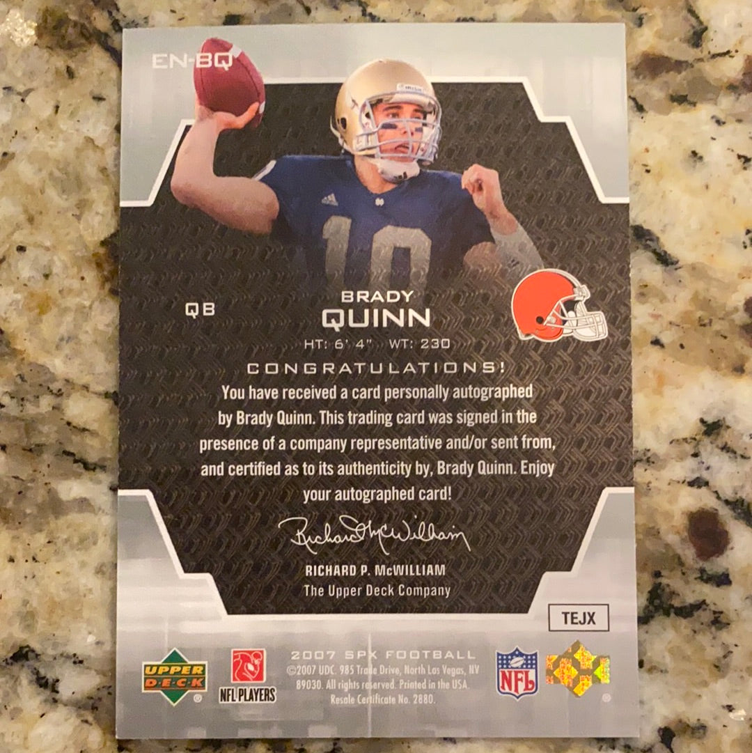Brady Quinn Autographed 2007 SPX Rookie Card - Notre Dame Upper Deck Endorsements | Collectible Football Memorabilia for Fans & Sports Card Enthusiasts