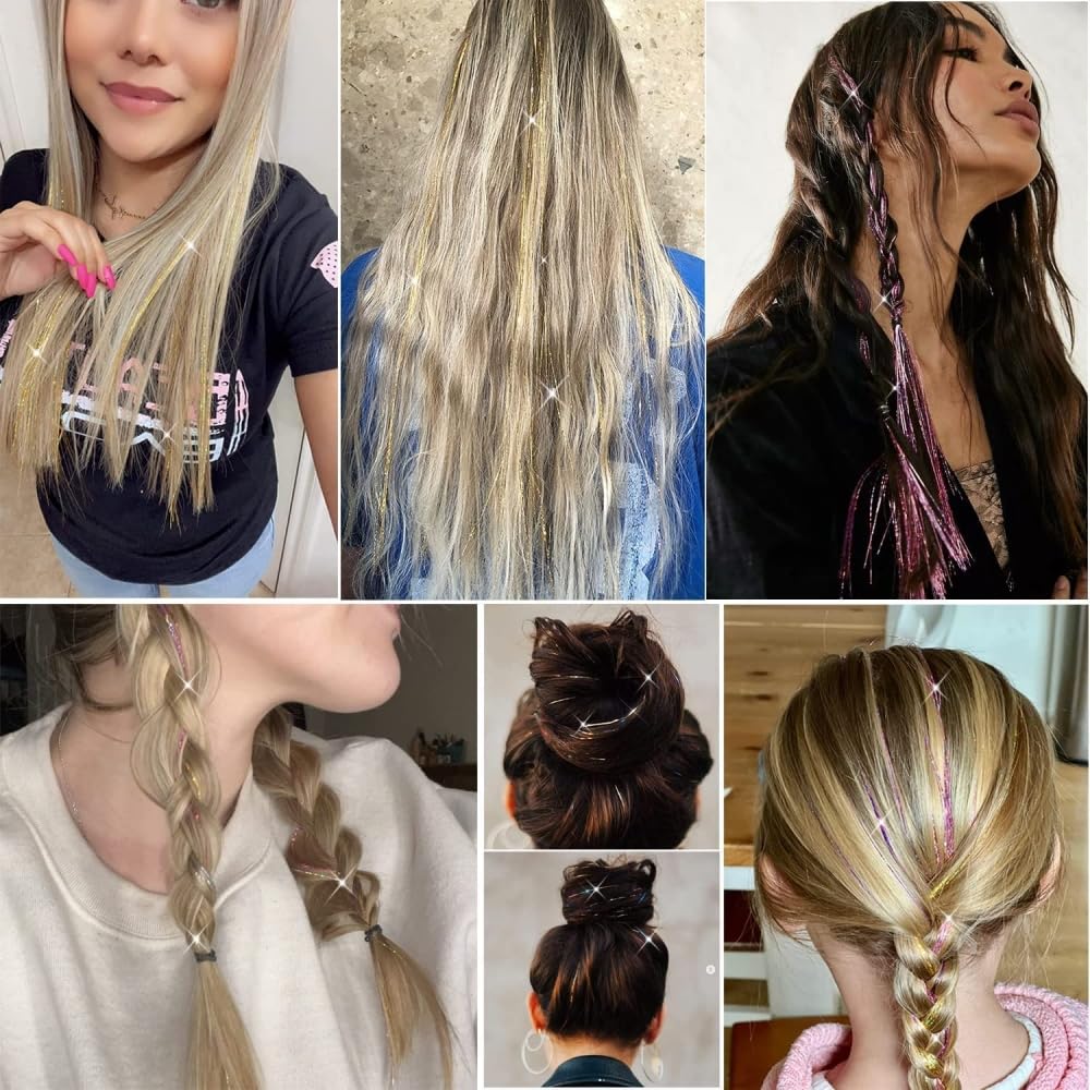 BowieMall 4-Piece Clip-In Hair Extension Kit with Glitter Tinsel - Heat Resistant Synthetic Hair Extensions for Women, Girls & Kids - Perfect for Parties, Festivals, Cosplay & Special Occasions