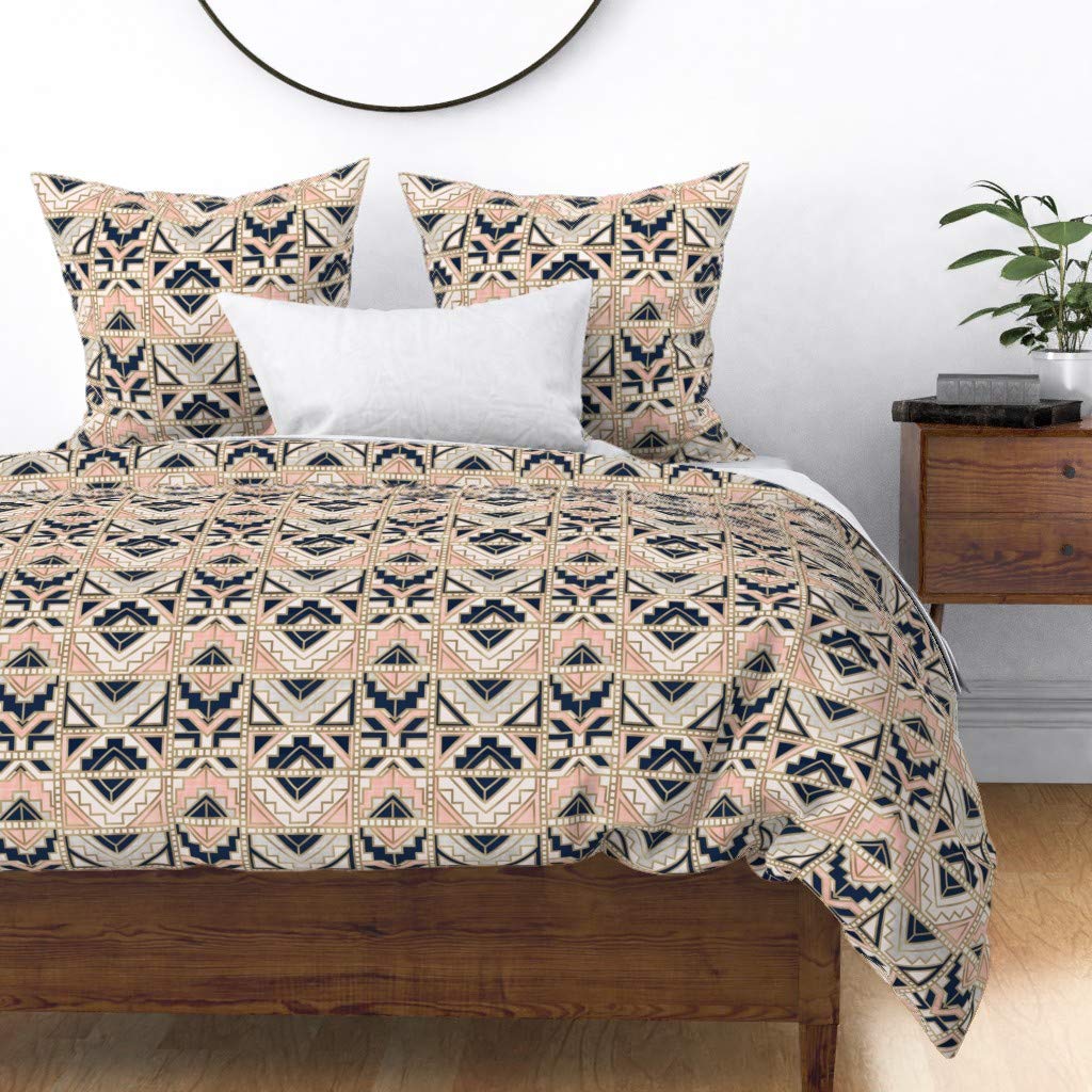 Premium Cotton Sateen Duvet Cover King/California King - Navy Blush Geometric Kilim Print Custom Bedding Set | Soft Luxury Bedroom Decor for Modern & Bohemian Style Homes