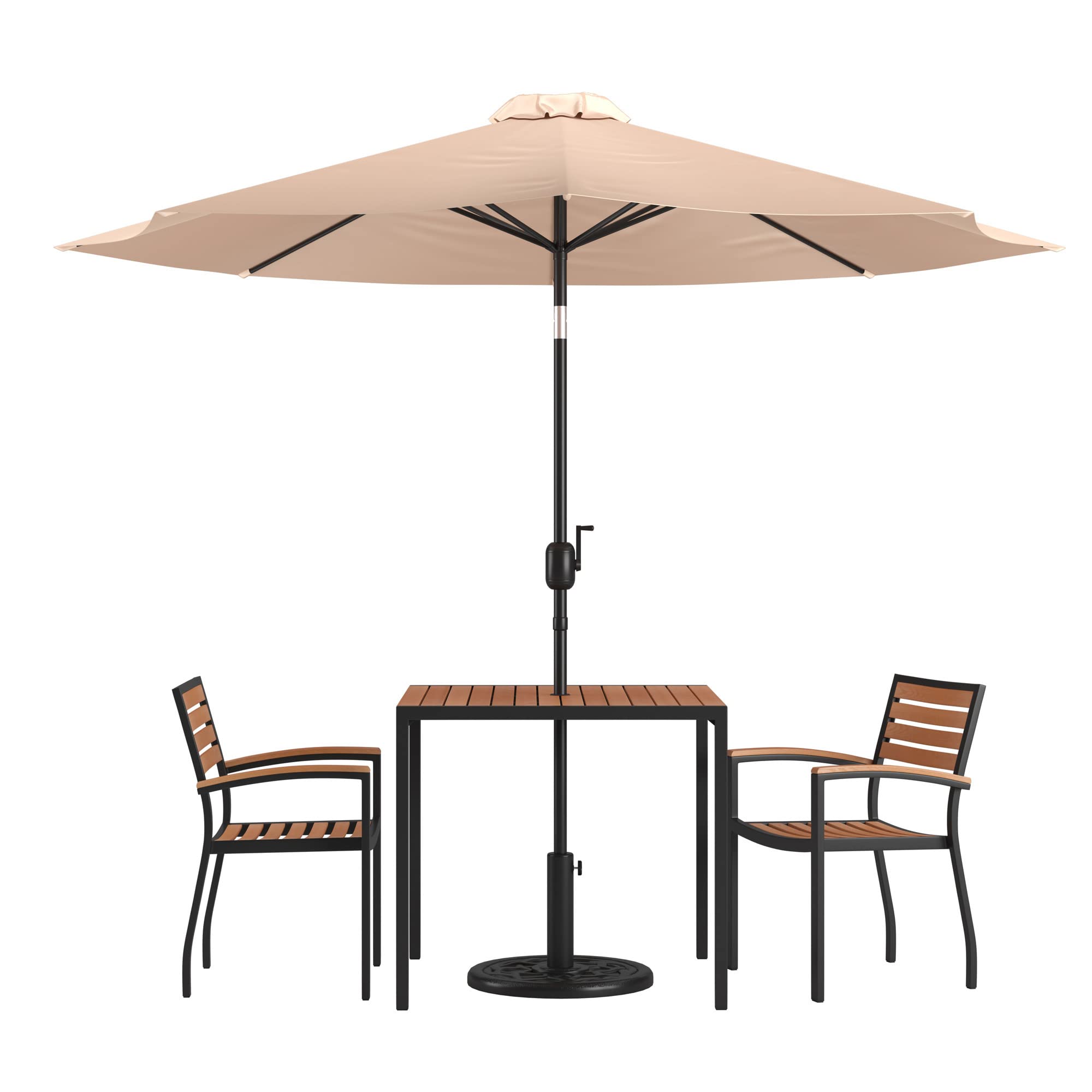 Flash Furniture 5-Piece Outdoor Patio Dining Set - 2 Stackable Synthetic Teak Arm Chairs & 35