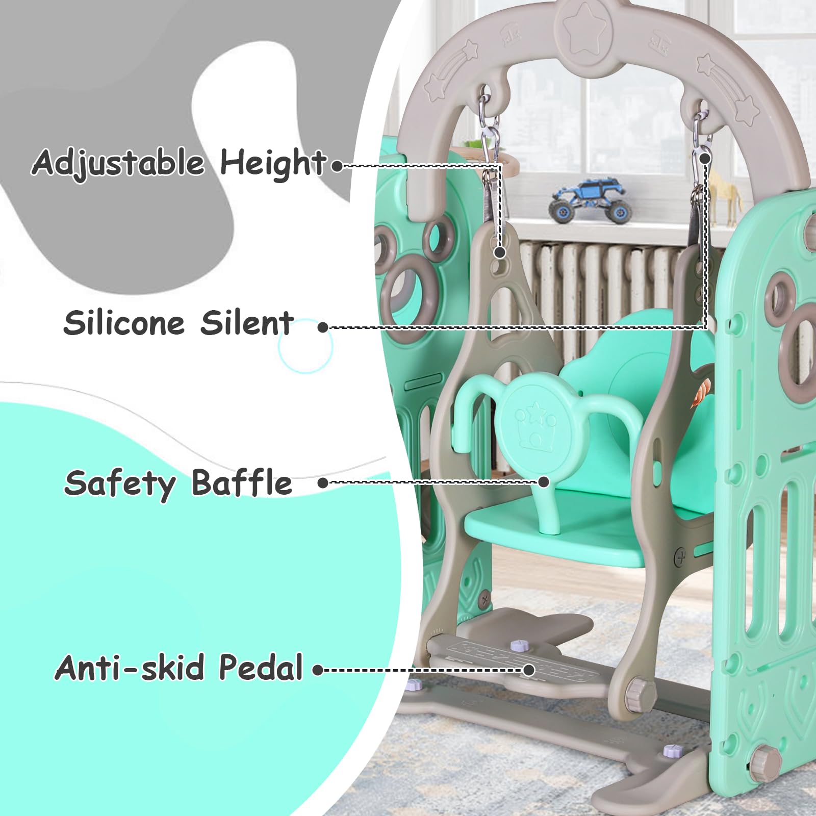 MAMIZO 6-in-1 Toddler Slide and Swing Set with Climber, Storage Bin & Basketball Hoop - Indoor/Outdoor Kids Playground Equipment for Backyard, Garden, or Playroom - Includes Reinforced Suction Cups & Ball (Green)