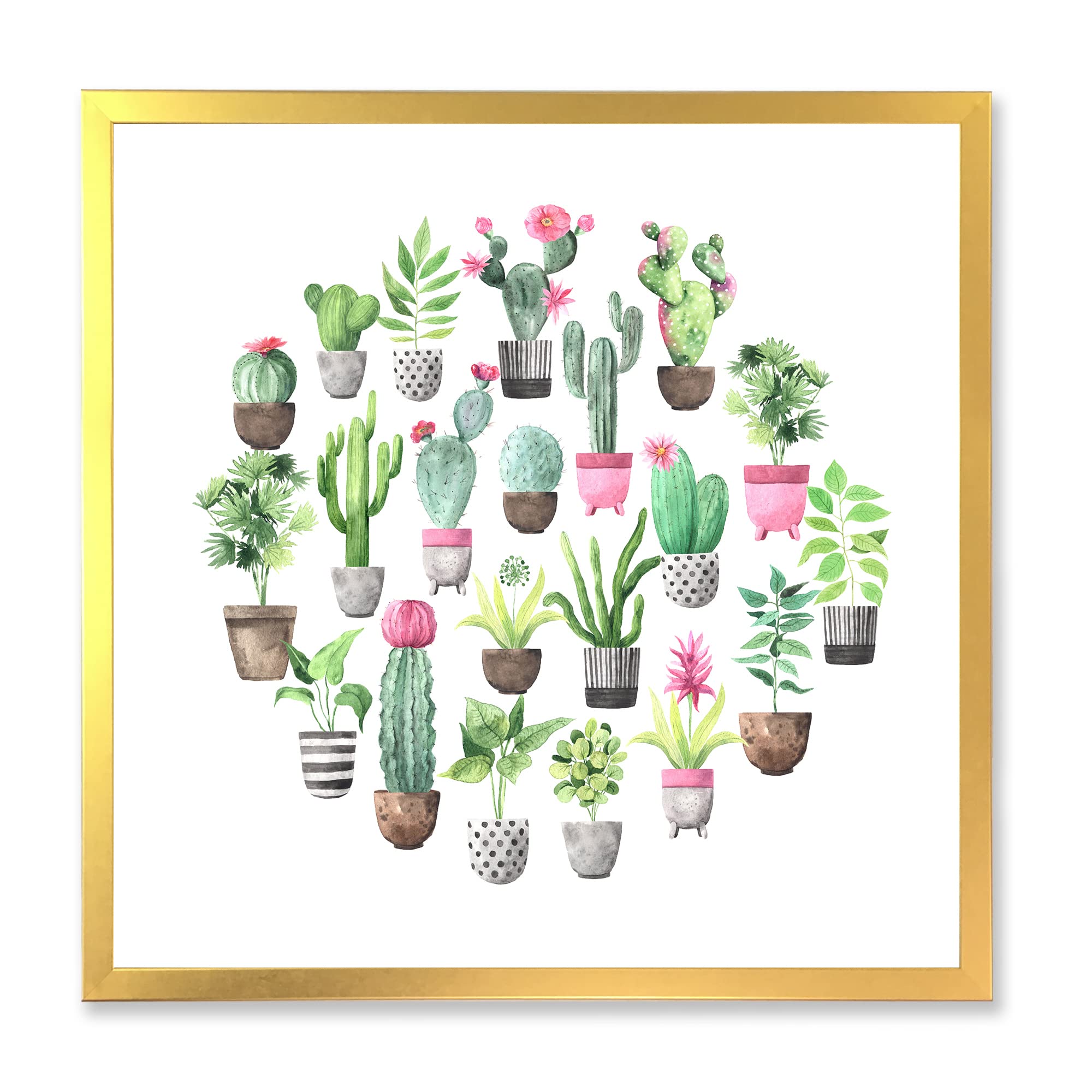 DesignQ Cacti in Ceramic Pots - Soft Tone Traditional Framed Wall Art Decor for Living Room, Bedroom & Office