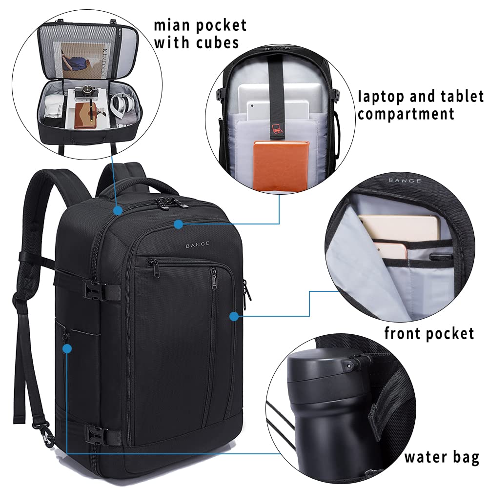 BANGE 40L FAA Approved Carry On Travel Backpack - Waterproof Overnight Weekender Bag with 3 Packing Cubes (Black) | Perfect for Business Trips, Weekend Getaways & Airplane Travel