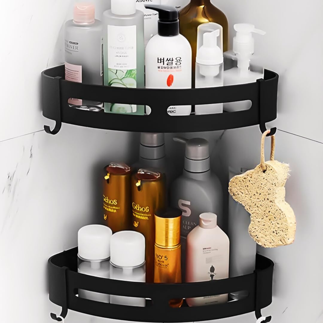 SHATROSSO® 2-Pack Black Aluminum Corner Shelf for Bathroom - No Drill Self-Adhesive Wall Mounted Bathroom Organizer - Perfect for Shower, Toilet, and Vanity Storage