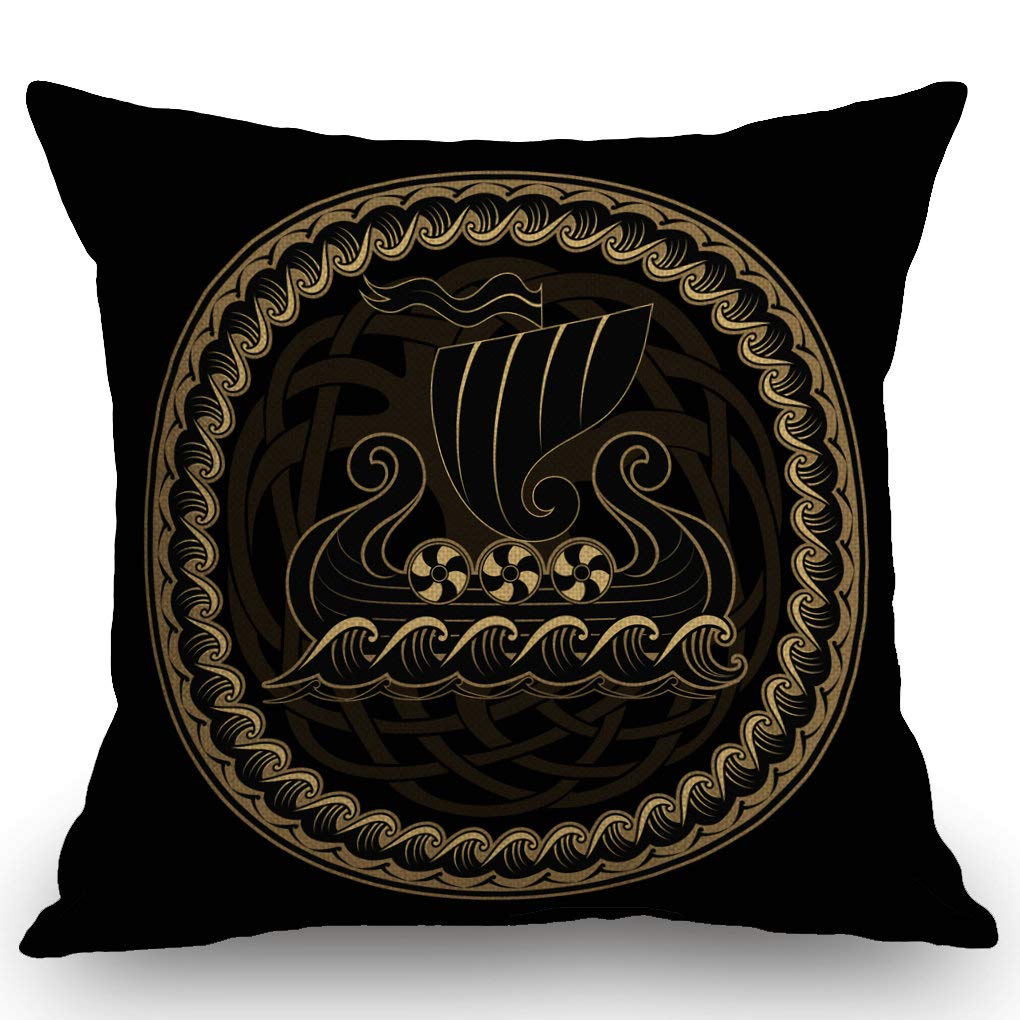 Viking Ship Throw Pillow Cover 18x18 Inch - Norse Drakkar Boat Historical Design, Black Celtic Cotton Linen Decorative Pillow Case for Living Room, Bedroom, Sofa Decor
