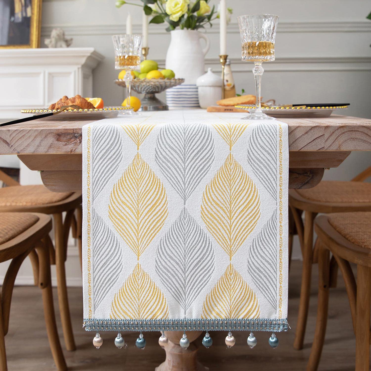 GSG 70-inch Yellow Chenille Table Runner - Handmade Farmhouse Style Washable Table Scarf for Coffee & Dining Tables, Living Room, Long Dresser - 14x70 Inches with Yellow Leaves Design - Perfect for Rustic Weddings, Holiday Decor & Farmhouse Dining