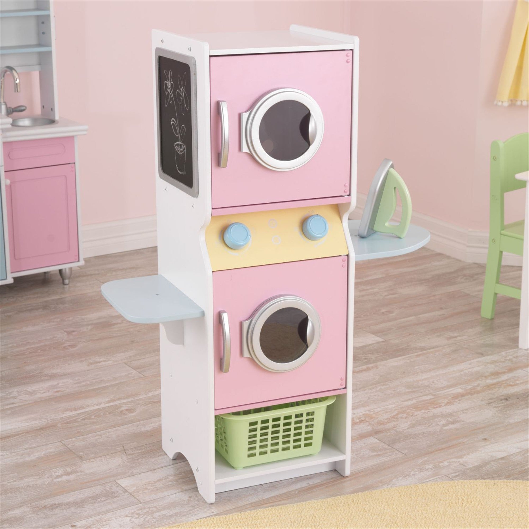 KidKraft Pastel Wooden Laundry Playset for Kids - Pretend Play Toy with Washer, Dryer & Accessories - Perfect for Imaginative Play & Early Learning (Pink/Blue) - Great Gift for Toddlers & Preschoolers