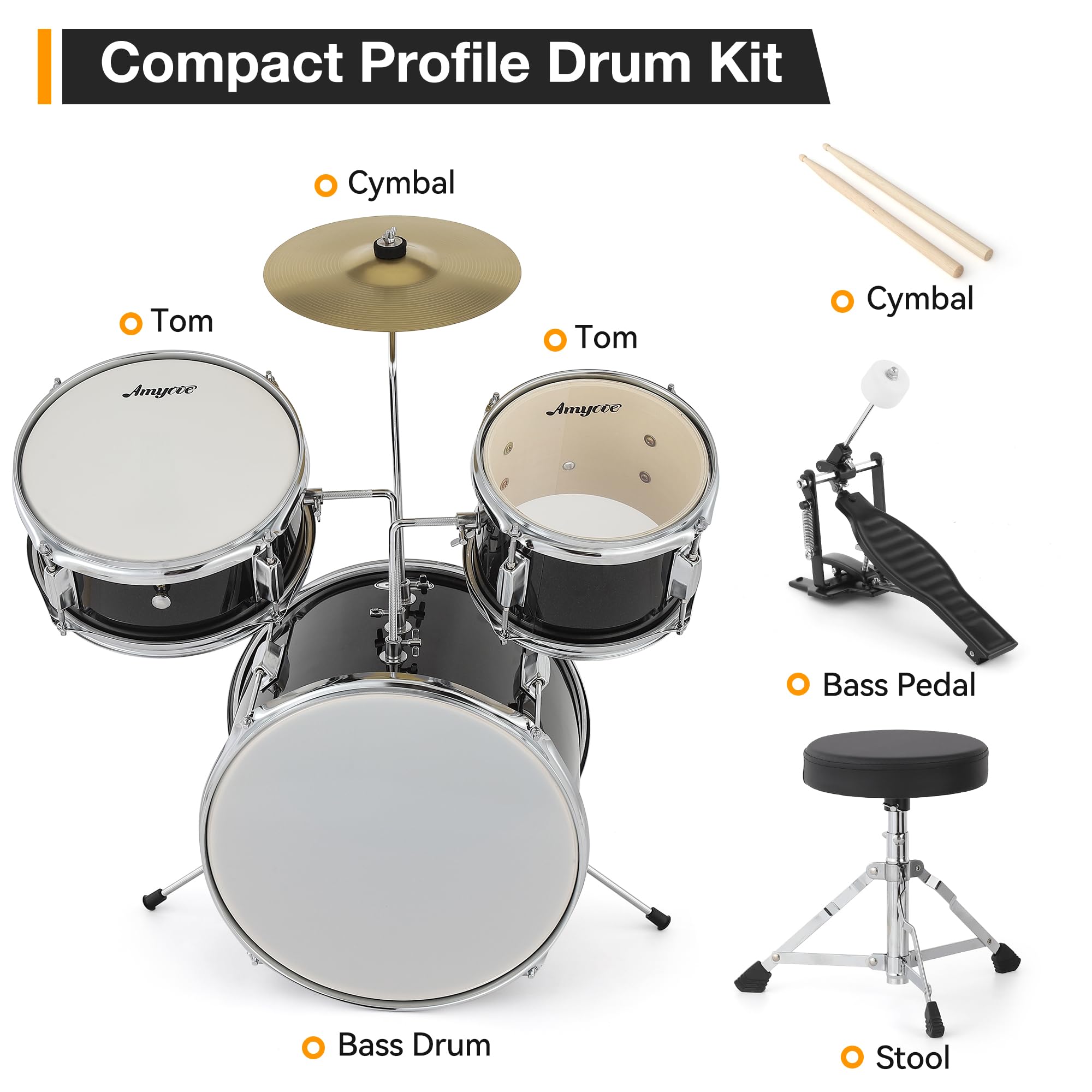 3-Piece Junior Drum Set with Cymbal, Tom, Bass Drum, Drumsticks, Pedal & Stool - Complete Beginner Drum Kit for Kids & Teens - Perfect for Home Practice, Music Lessons & Rock Band Performances (Black)