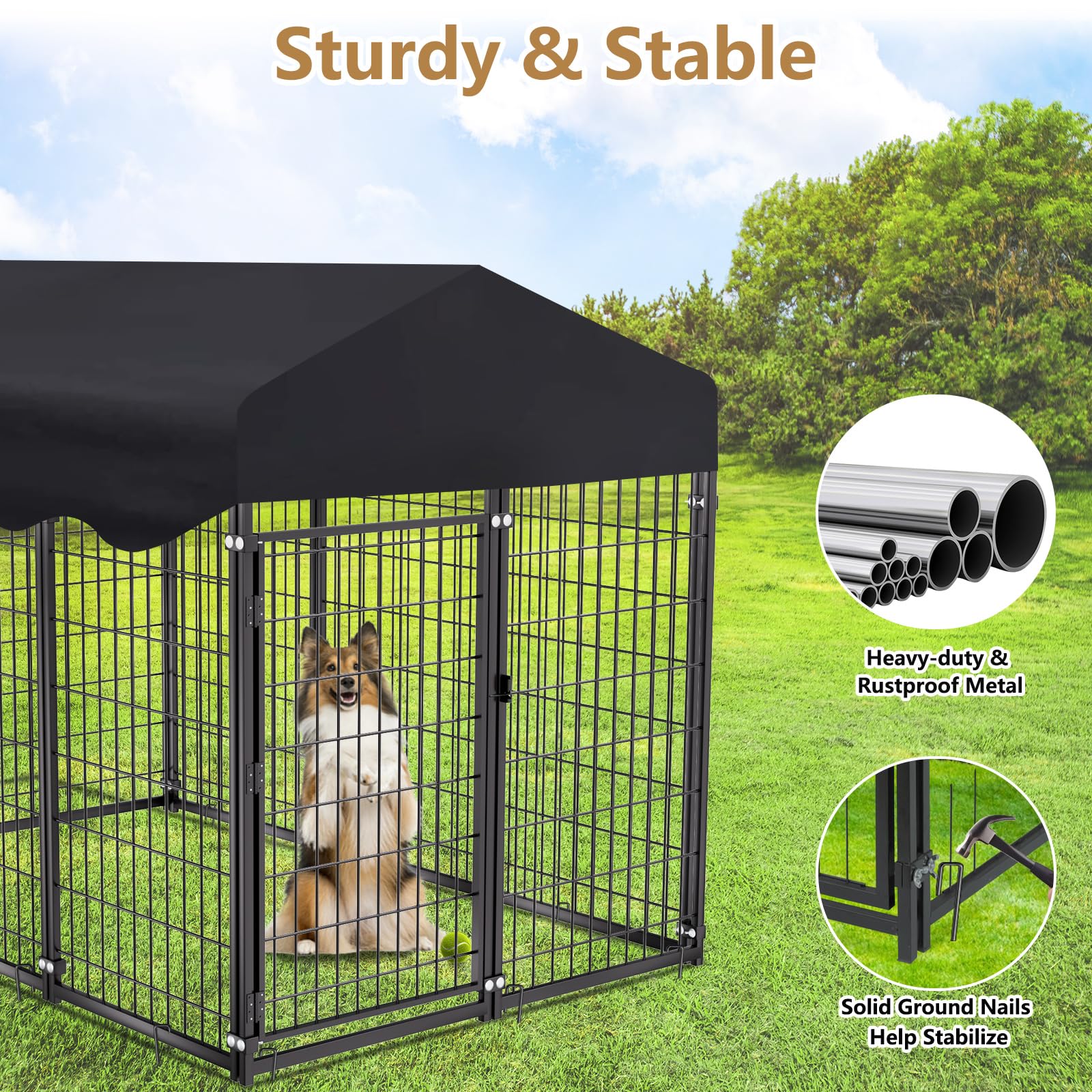 6.2x4x4.5Ft Heavy Duty Outdoor Dog Kennel for Large Dogs - Welded Steel Wire Dog Cage with UV-Resistant Waterproof Roof Cover - Durable Pet Enclosure for Backyard, Garden & Patio Use