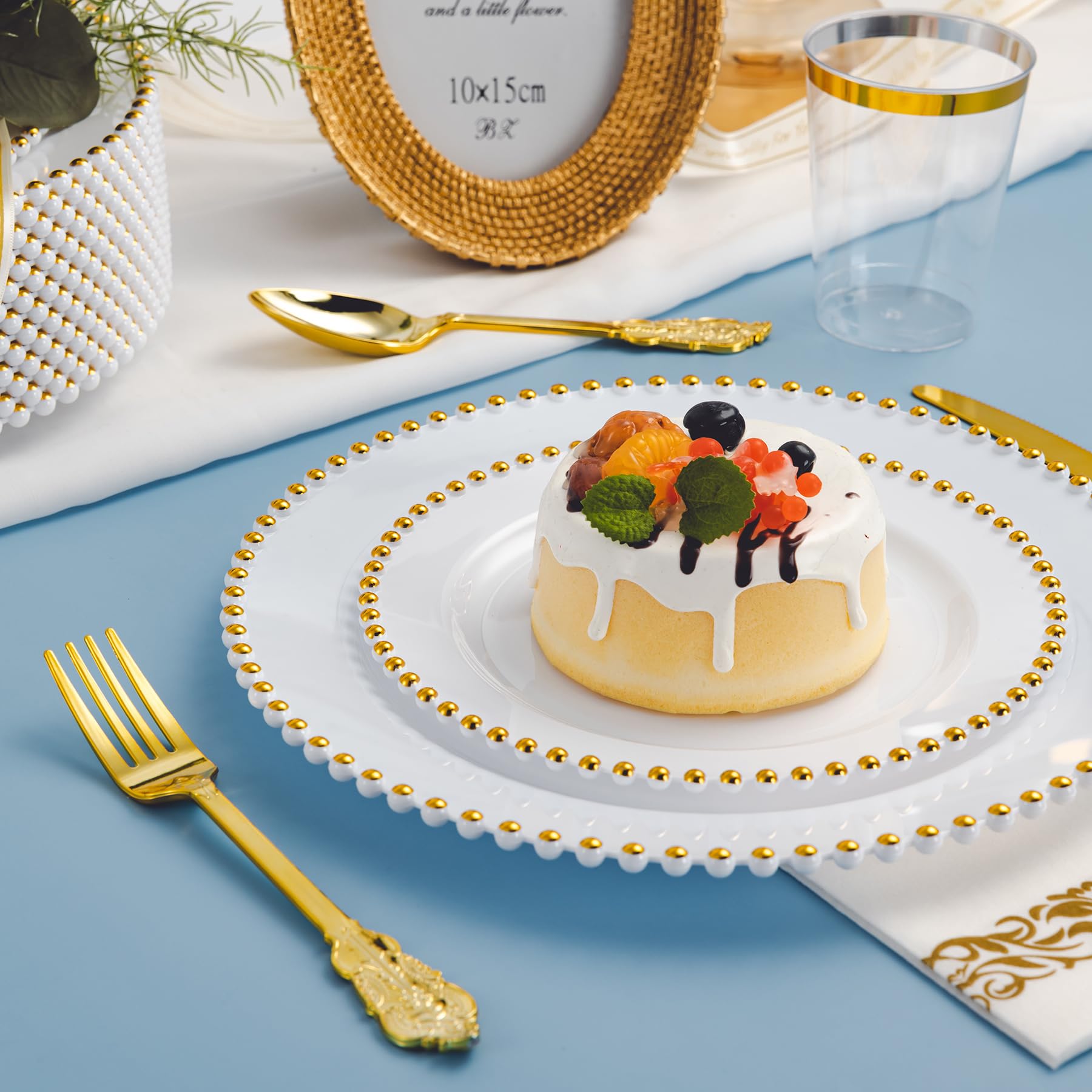 75-Piece Gold Plastic Dinnerware Set with Beaded Rim - 15 Dinner Plates, 15 Dessert Plates, 15 Forks, 15 Spoons, 15 Knives - Heavy Duty Disposable Tableware for Parties, Weddings & Special Events - Elegant & Durable for Catering, Banquets & Home Entertaining
