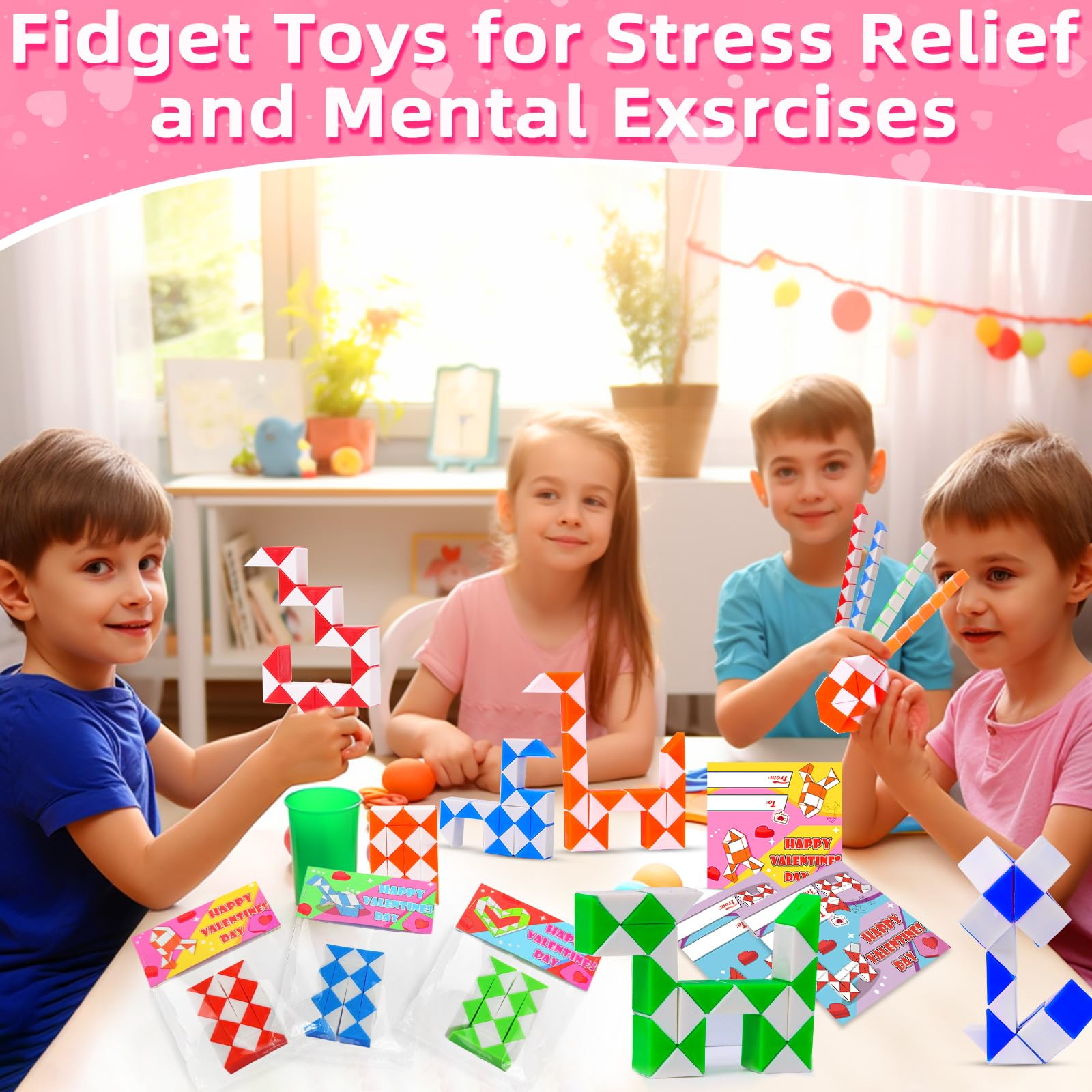 AMENON 28 Pack Valentine's Day Gifts for Kids - Snake Twist Puzzle Toys, Classroom Exchange Cards, Stress Relief Fidget Toys for Boys & Girls - Perfect for Valentine's Party Favors, School Prizes & Sensory Play
