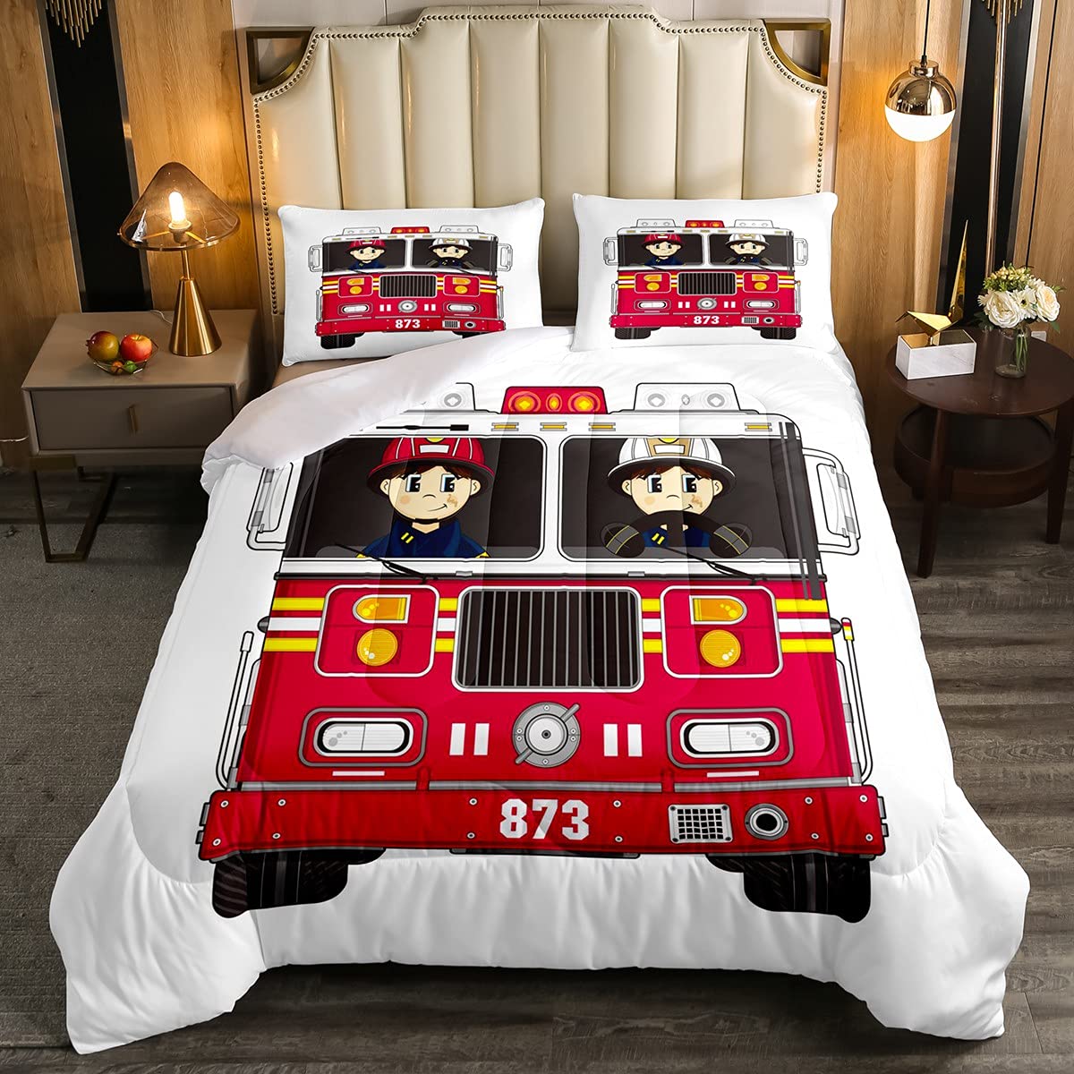 3D Fire Truck Fire Engine Comforter Set for Kids - Full Size Bedding with 1 Comforter & 2 Pillowcases - Firefighter Themed Boys' Room Decor for Children & Teens - Perfect for Bedrooms, Sleepovers, and Themed Parties