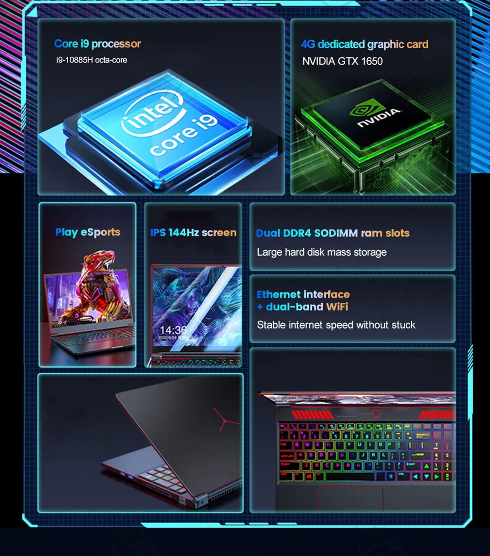 Tuofudun 16.1 Inch Gaming Laptop - Intel Core i9 10885H/i7, GTX 1650 4GB GPU, 144Hz IPS FHD Display, Windows 11 Ultrabook - Perfect for Esports, VR Gaming & Content Creation
