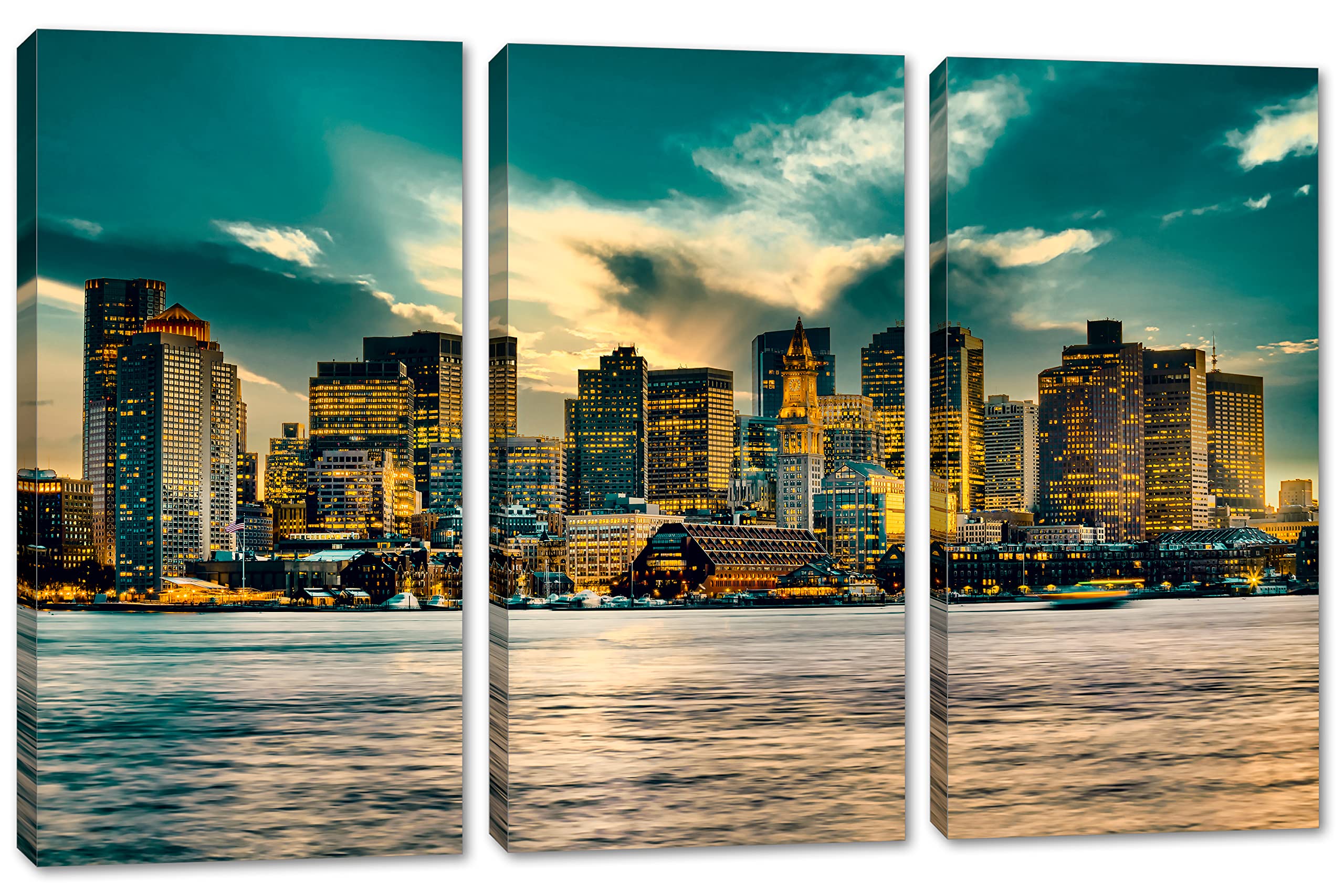 48x32 Boston Skyline Canvas Print Wall Art - Green Skies 3 Panel Split - Massachusetts MA Cityscape Decor - Perfect for Living Room, Bedroom or Office Wall Decoration